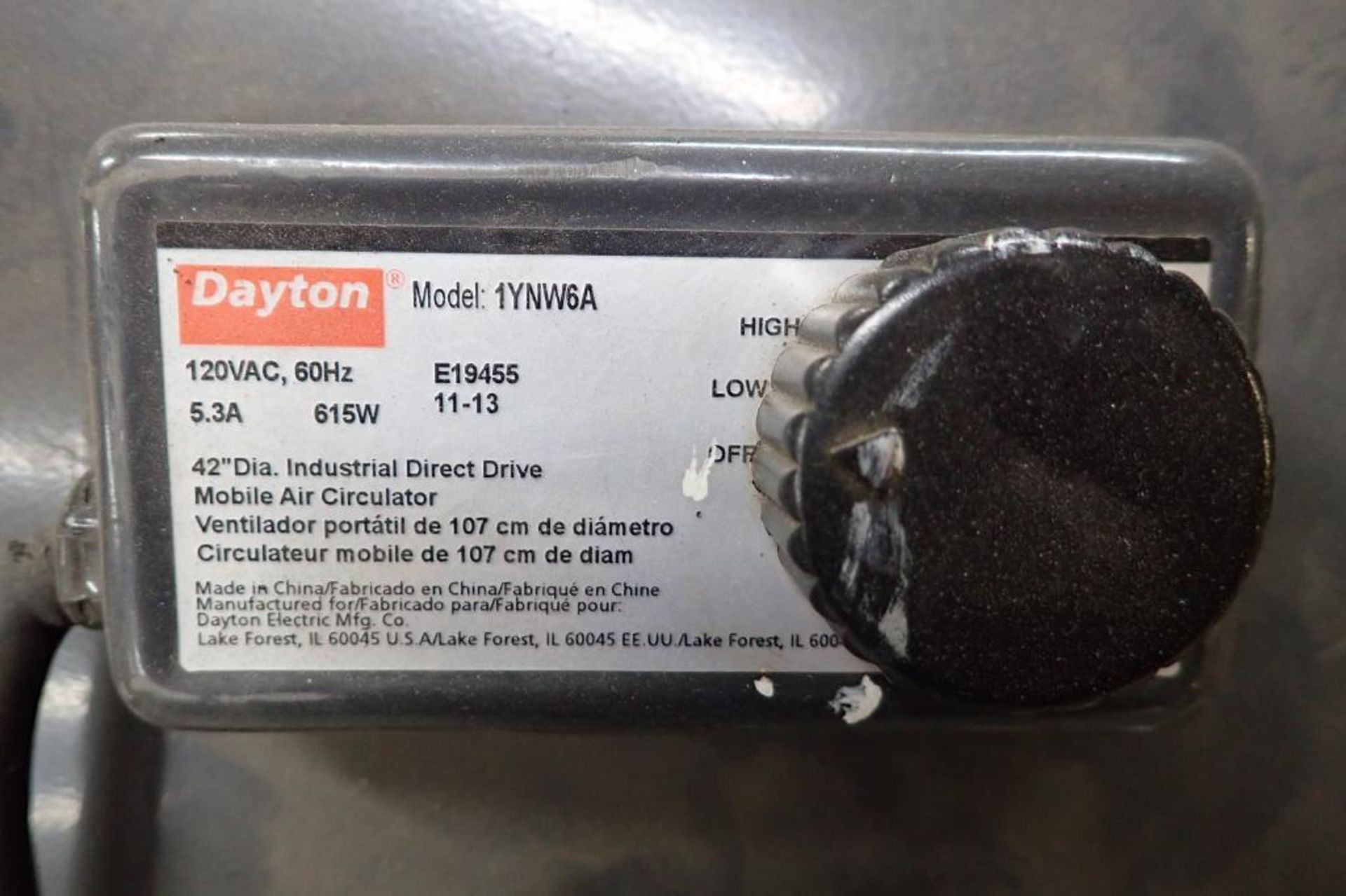 Dayton 36 in. floor fan, Model 1YNW6A, on wheels. **Rigging Fee: $10** - Image 3 of 7