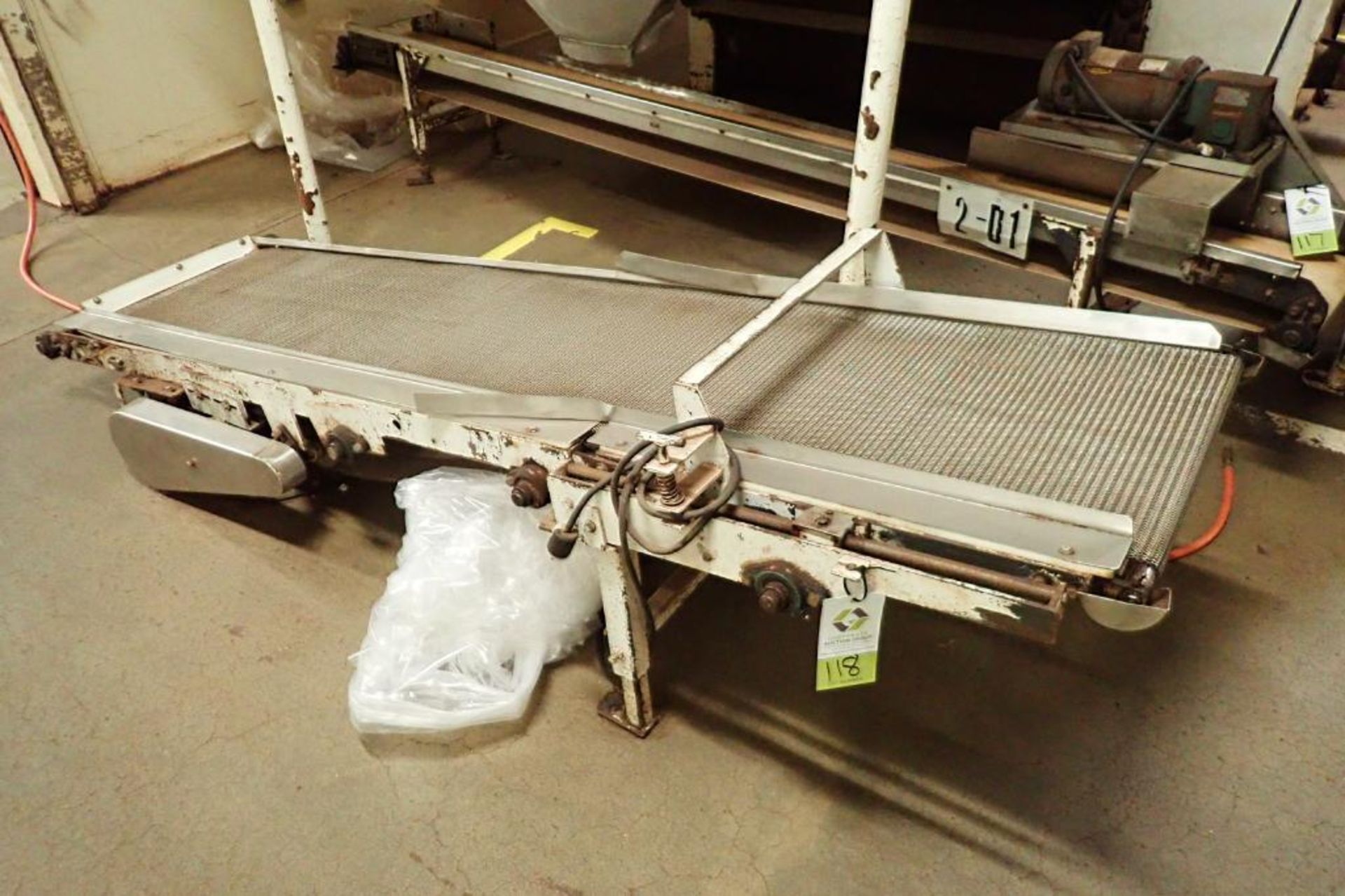 SS wire mesh belt incline conveyor, 96 in. long x 21 in. wide x 27 in. discharge, mild steel frame.