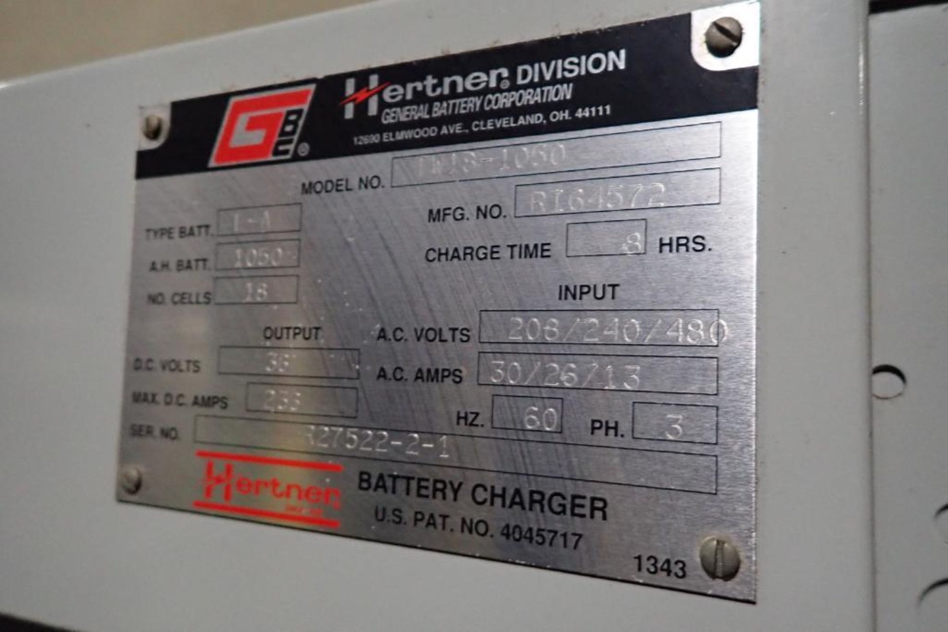 Hertner 36 volt battery charger, Model TW18-1050, SN R27522-2-1, 18 cells, 208/240/480V.. **Rigging - Image 5 of 5
