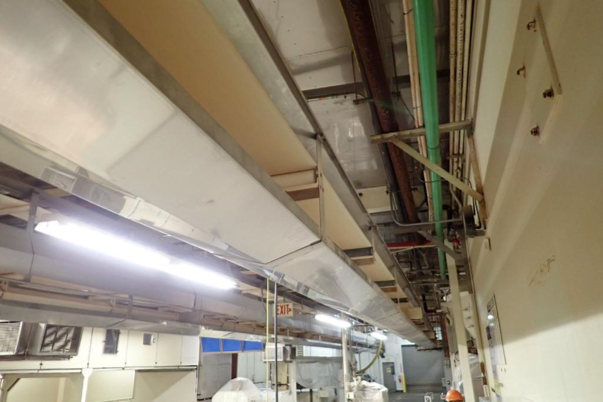 SS belt conveyor, 120 ft. long x 18 in. wide, suspended from ceiling, with motor and drive. **Riggin - Image 4 of 7