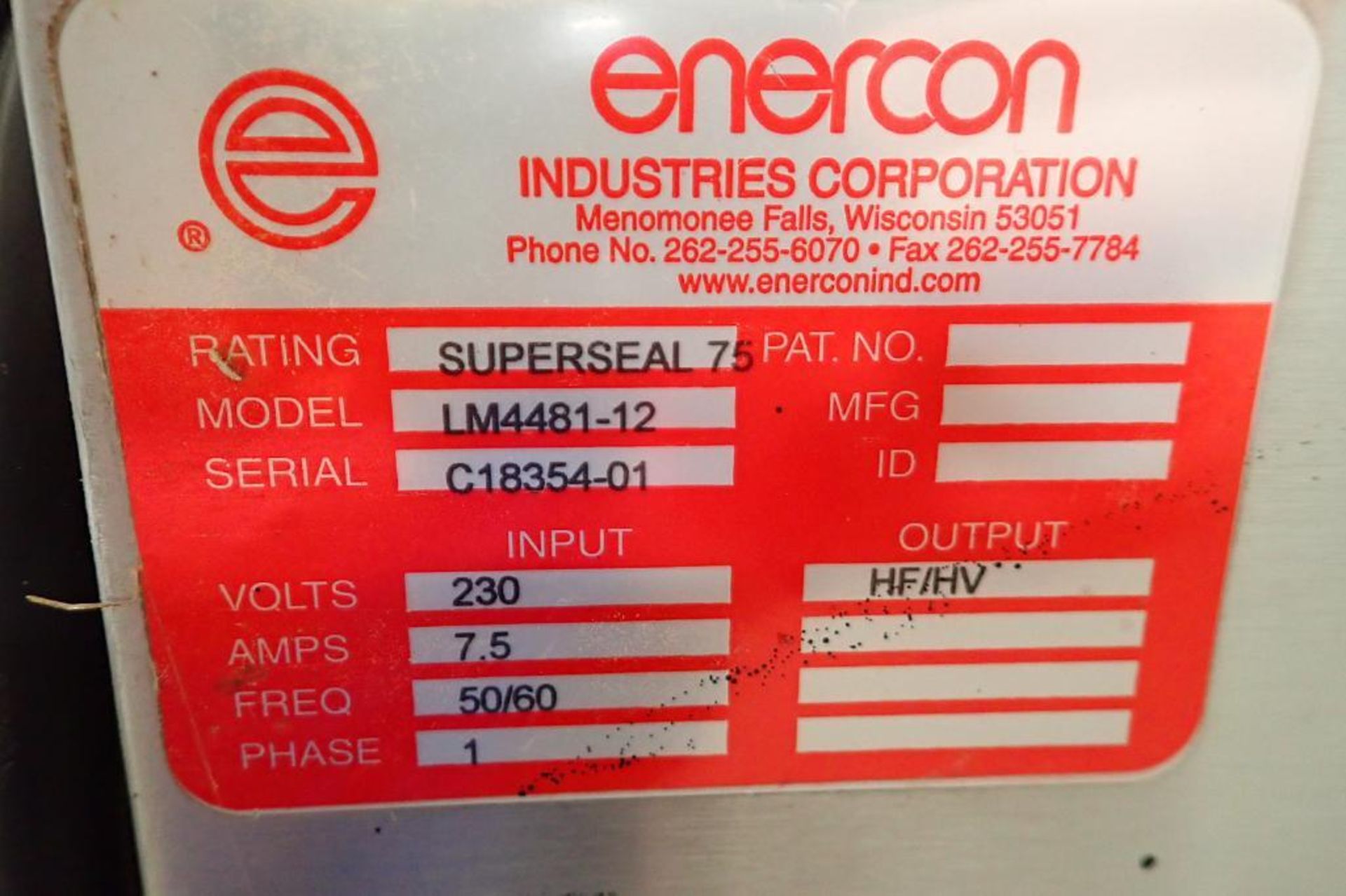 Enercon heat sealer, Model LM4481-12, SN C18354-01, on stand. **Rigging Fee: $50** - Image 5 of 6