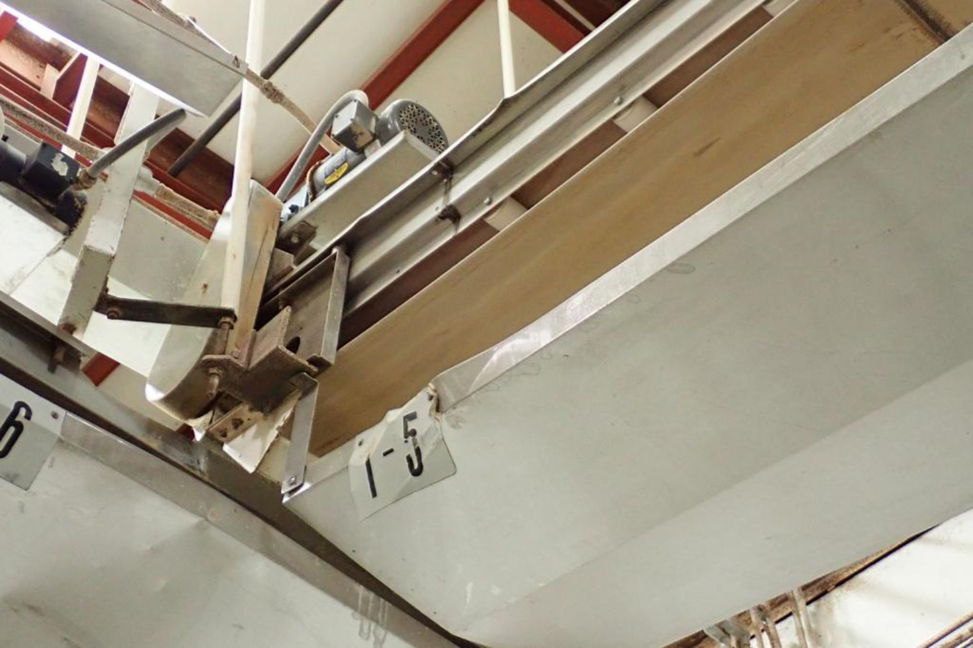 SS belt conveyor, 36 ft. long x 24 in. wide, suspended from ceiling, with motor and drive. **Rigging - Image 4 of 4