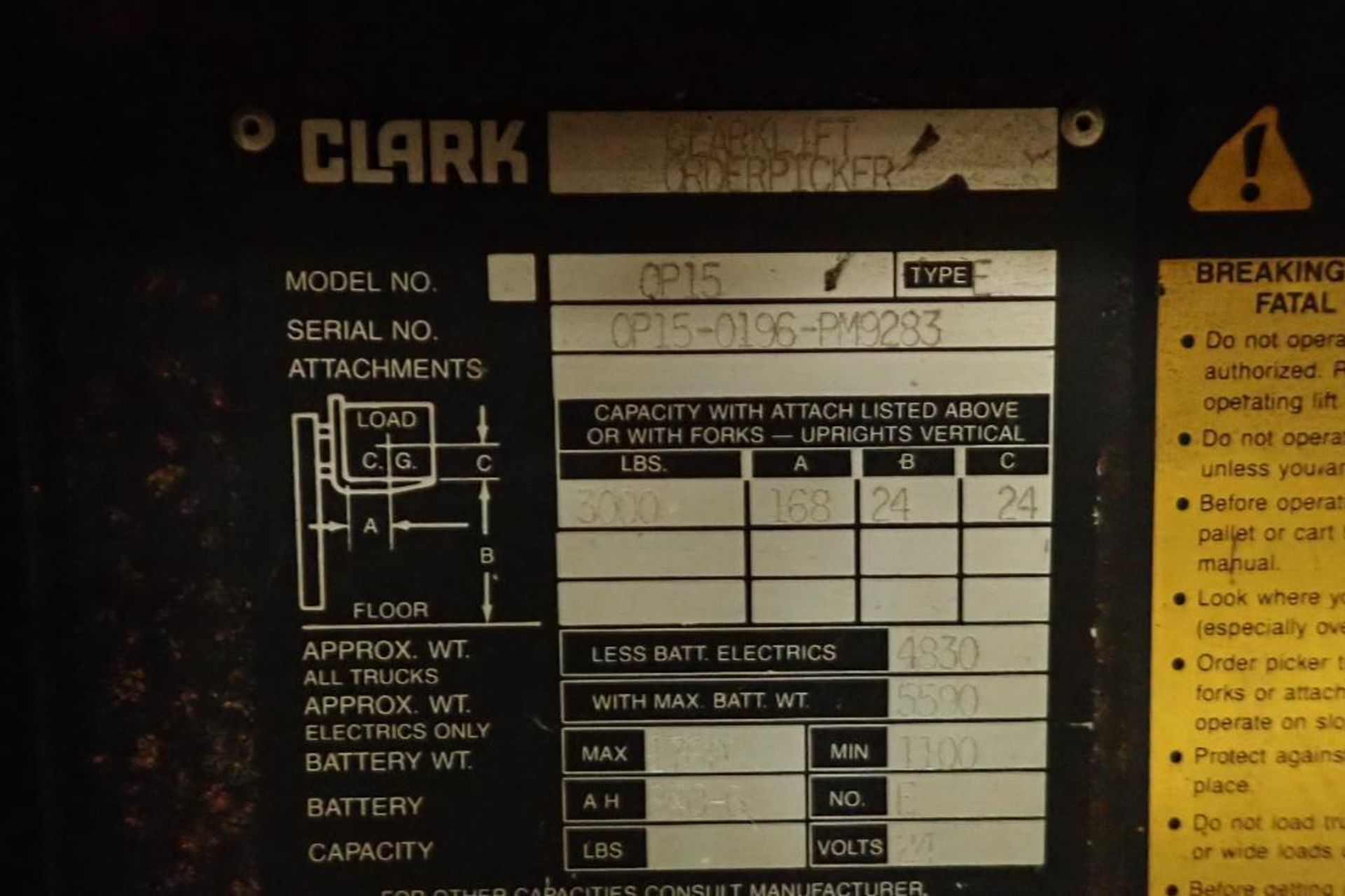 Clark 36 volt electric stand on lift truck, Model CP15, SN CP15-0196-PM9283, 3,000 lb., 168 in. (out - Image 5 of 7