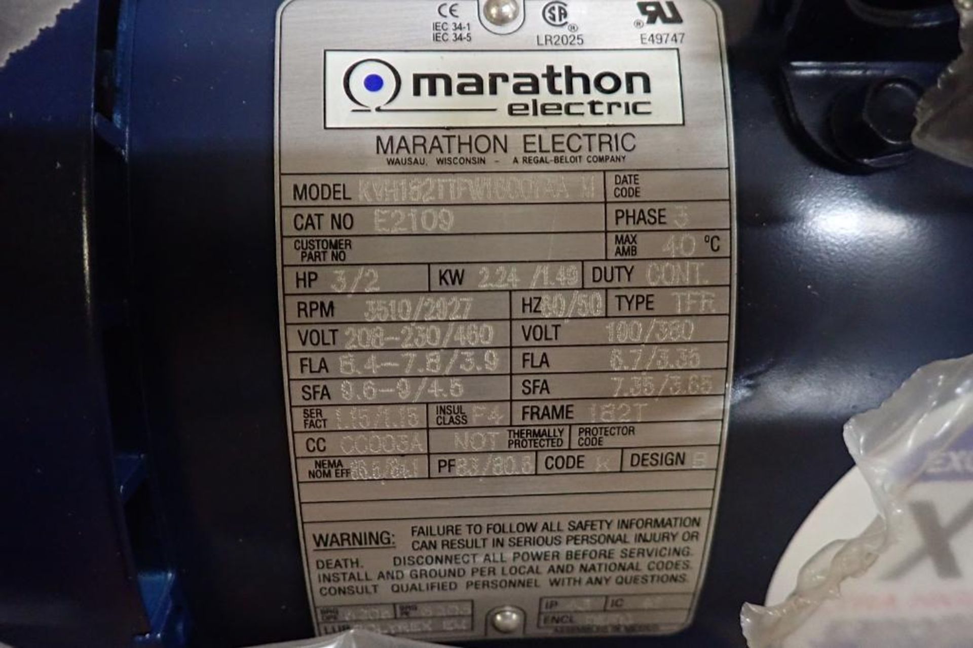 Unused Marathon electric motor, 3/2 HP, 3510/2927 rpm, 182T frame, 208-230/480V, 3 phase.  **Rigging - Image 3 of 4