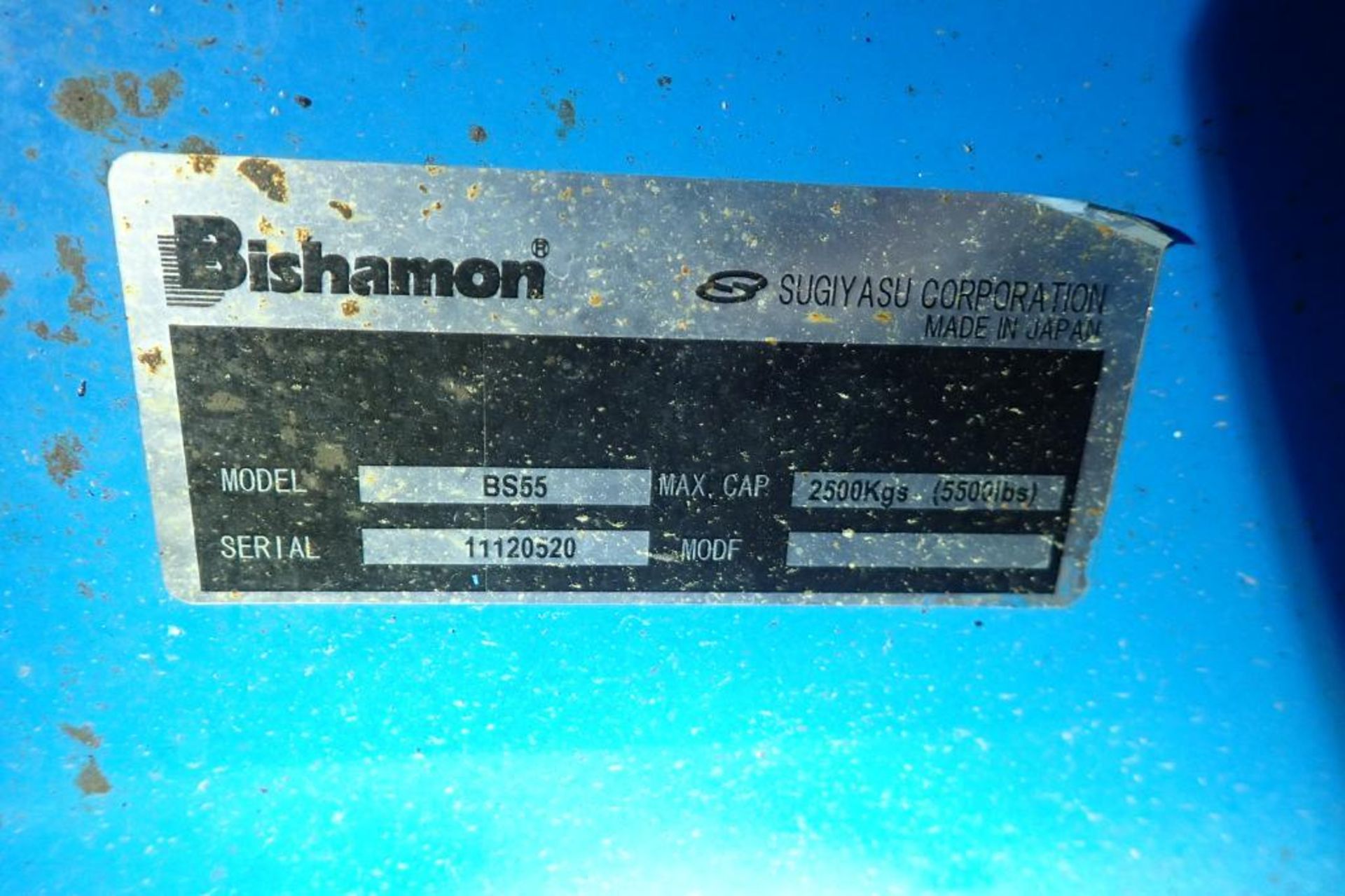 Bishamon hydraulic pallet jack, Model BS55, SN 11120520, 5500 lbs. capacity, blue. **Rigging Fee: $1 - Image 5 of 5