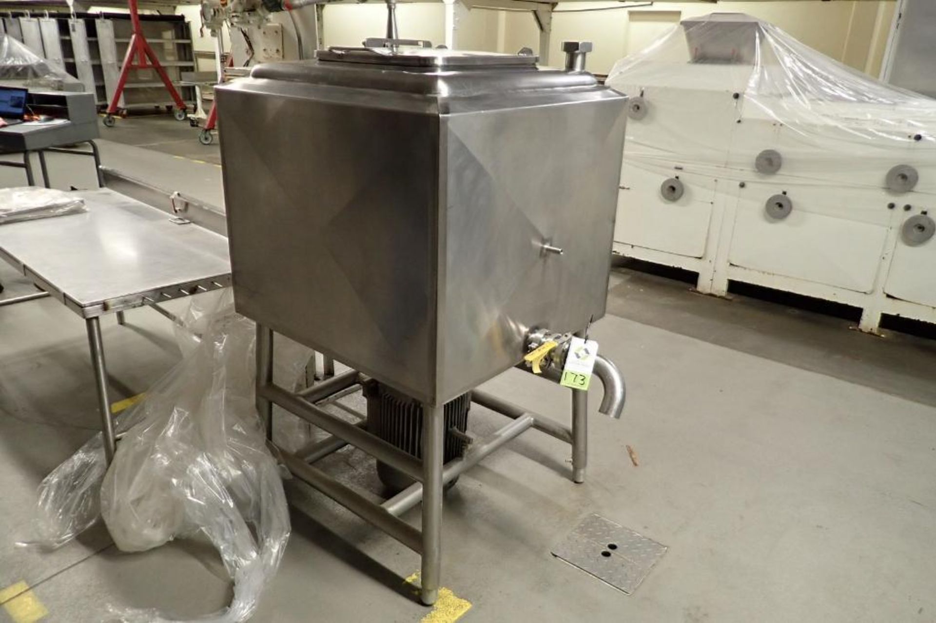 Norman Machine SS liquiverter, Model DS-100, SN: 636, square 100 gal. tank, jacketed, 15 HP direct d