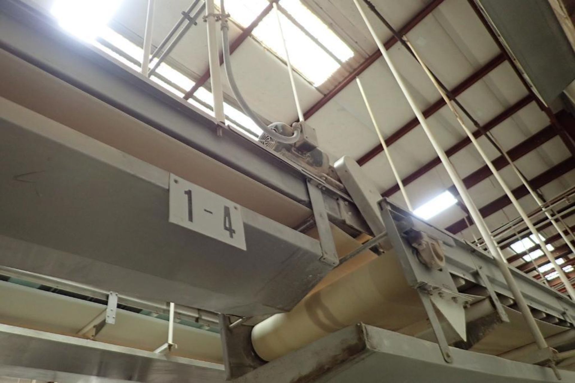 SS belt conveyor, 22 ft. long x 18 in. wide, suspended from ceiling, with motor and drive. **Rigging - Image 5 of 6