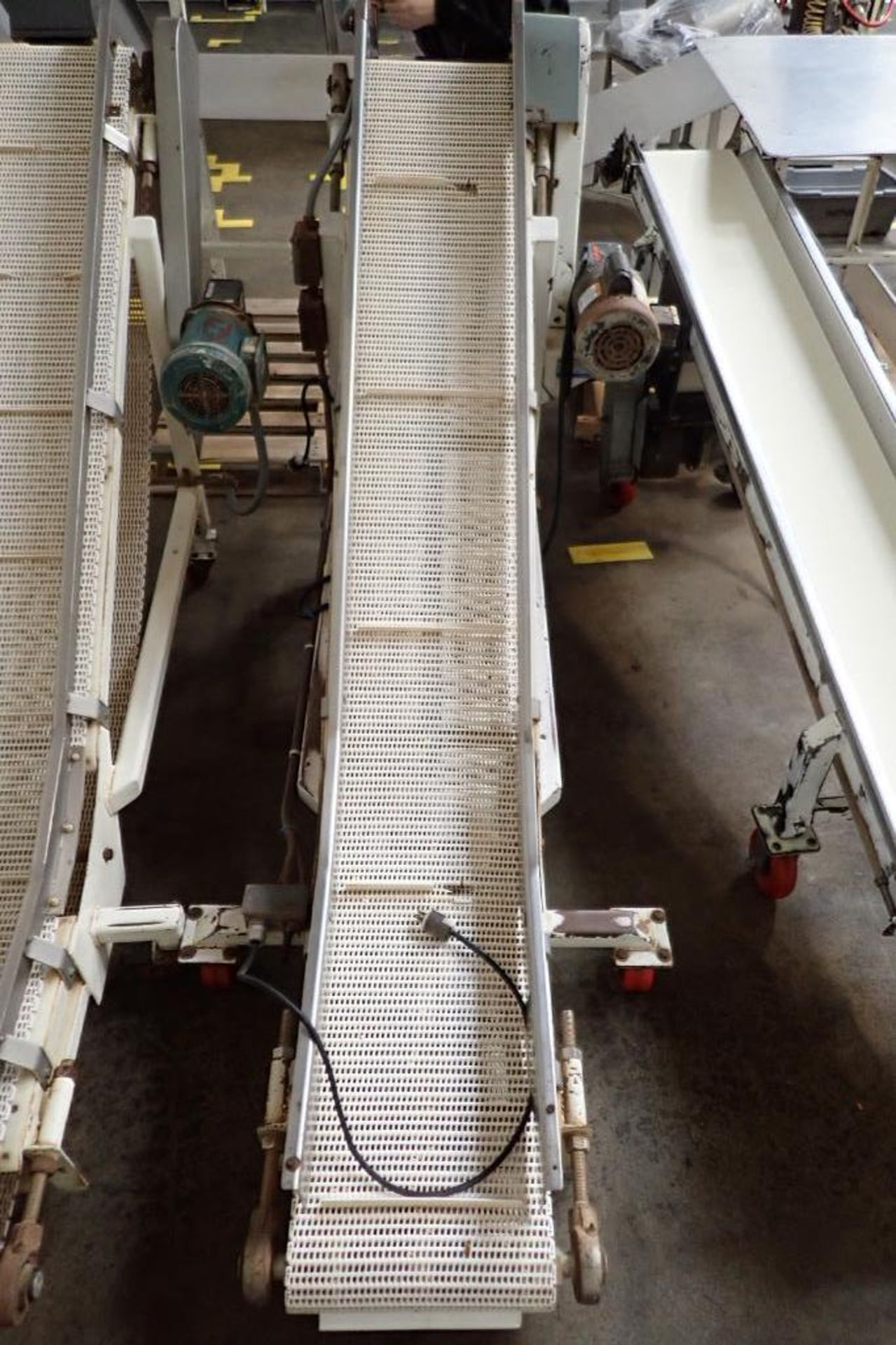 Mild Steel white cleated interlock belt conveyor, 8 ft. long x 12 in. wide, 42 in. discharge, on cas - Image 2 of 6