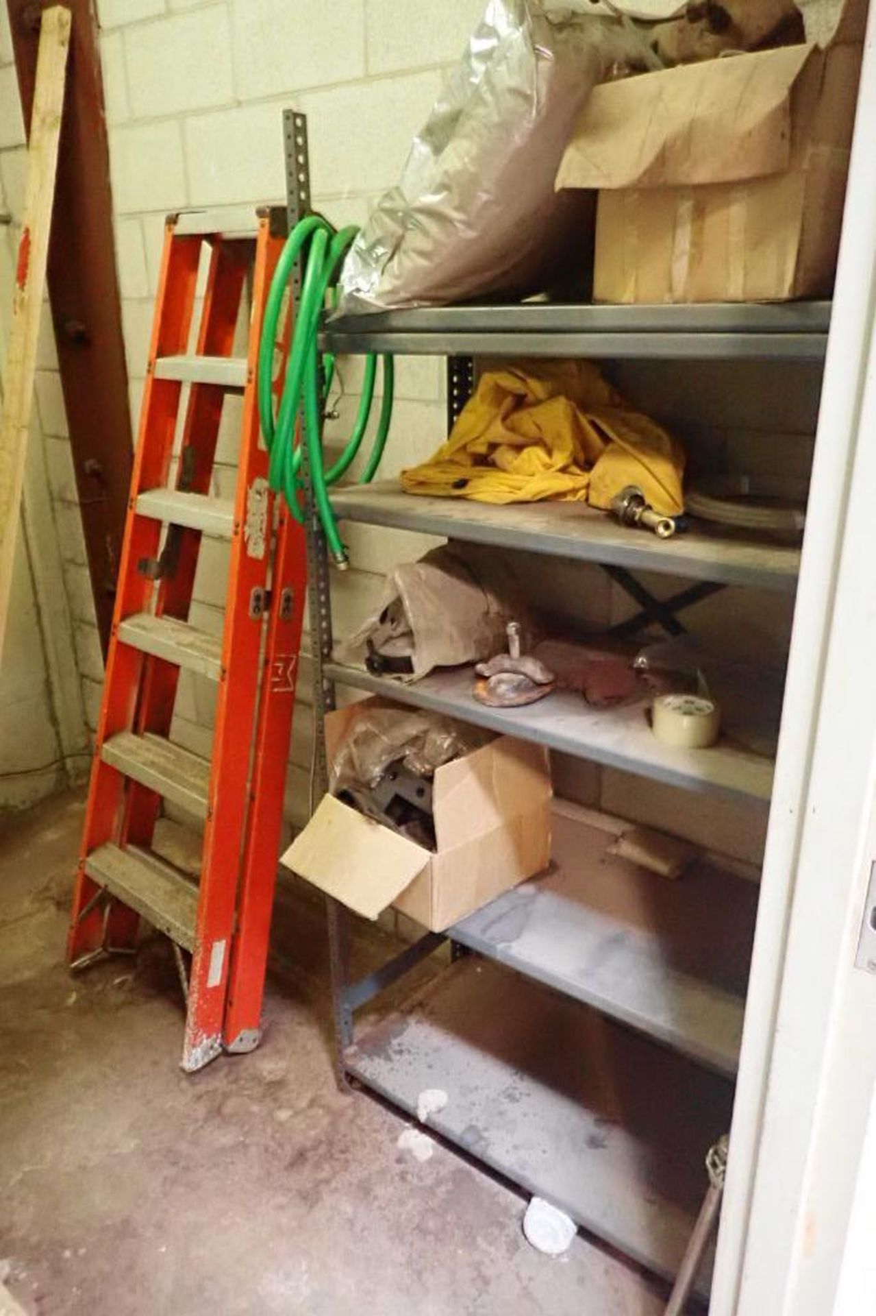 Contents of chemical supply room, Werner 6 ft. ladder, spill containment, shelf of parts.. **Rigging - Image 6 of 8
