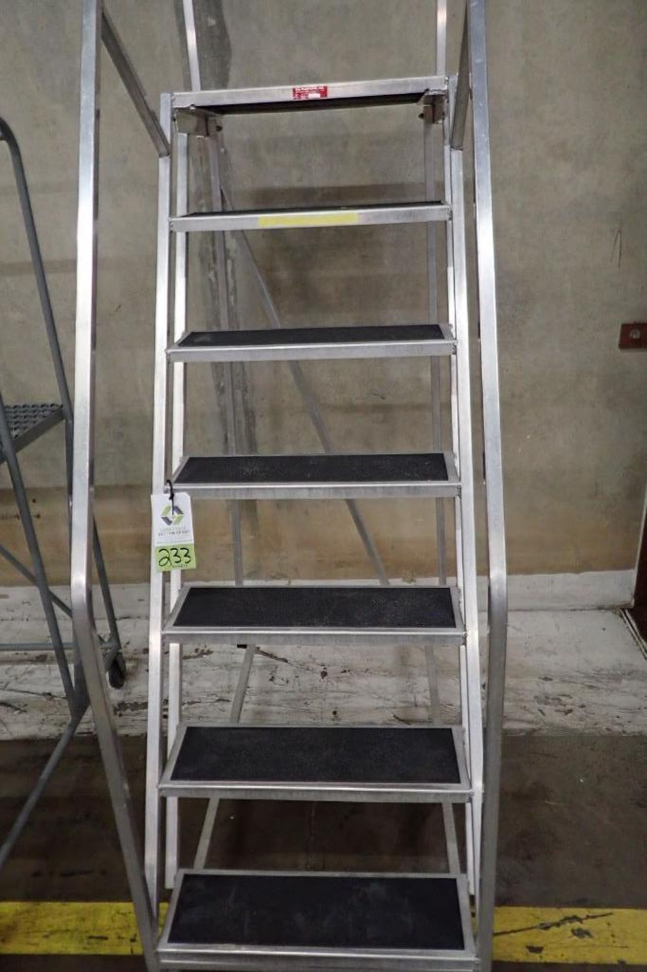 PW Platforms 7-step aluminum rolling warehouse ladder. **Rigging Fee: $25** - Image 3 of 4
