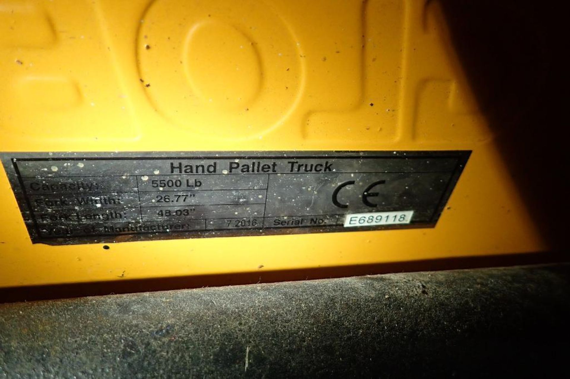 Global Industrial pallet jack, 5500 lb. capacity, SN E689118, yellow.. **Rigging Fee: $10** - Image 5 of 5