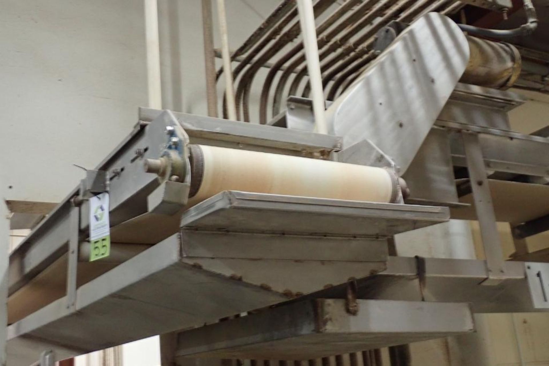 SS belt conveyor, 22 ft. long x 18 in. wide, suspended from ceiling, with motor and drive. **Rigging - Image 2 of 6