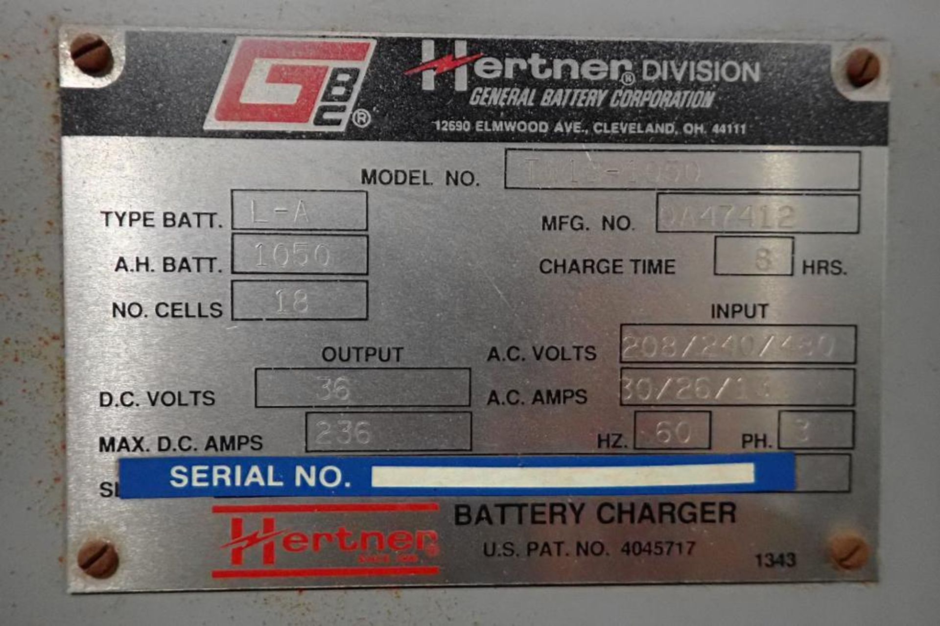 Hertner 36 volt battery charger, Model TW18-1050, 18 cells, 208/240/480V.. **Rigging Fee: $75** - Image 5 of 5