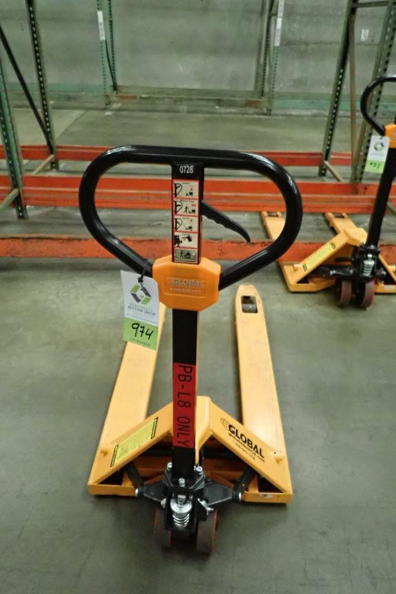 Global Industrial 5500 lb hand pallet jack, SN F695068, yellow. **Rigging Fee: $10** - Image 4 of 6