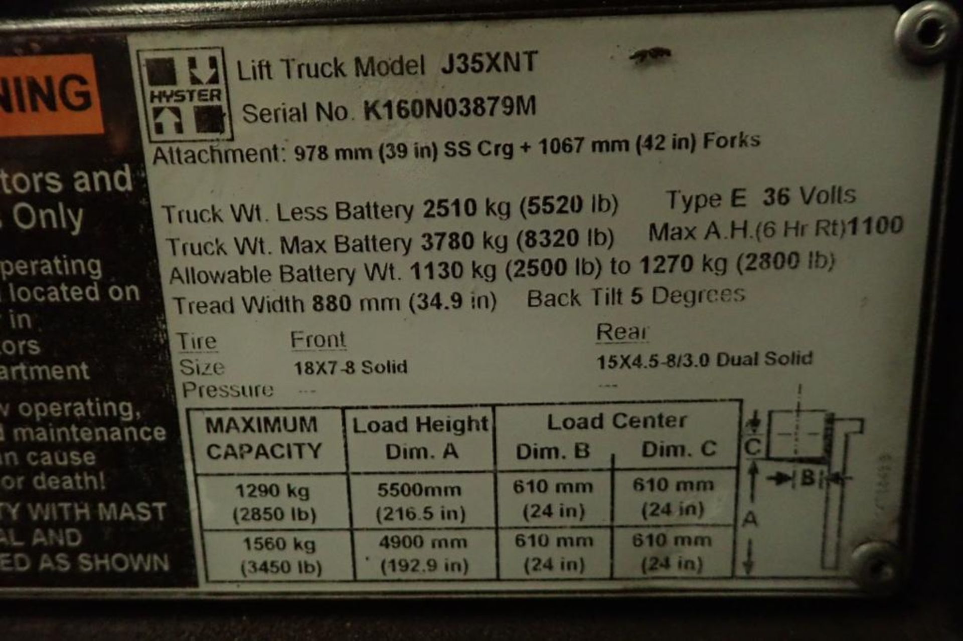 Hyster 36 volt electric lift truck, Model J35XNT, SN K160N03879M, 2,850 lb., 189 in. lift, 3-wheel, - Image 8 of 9
