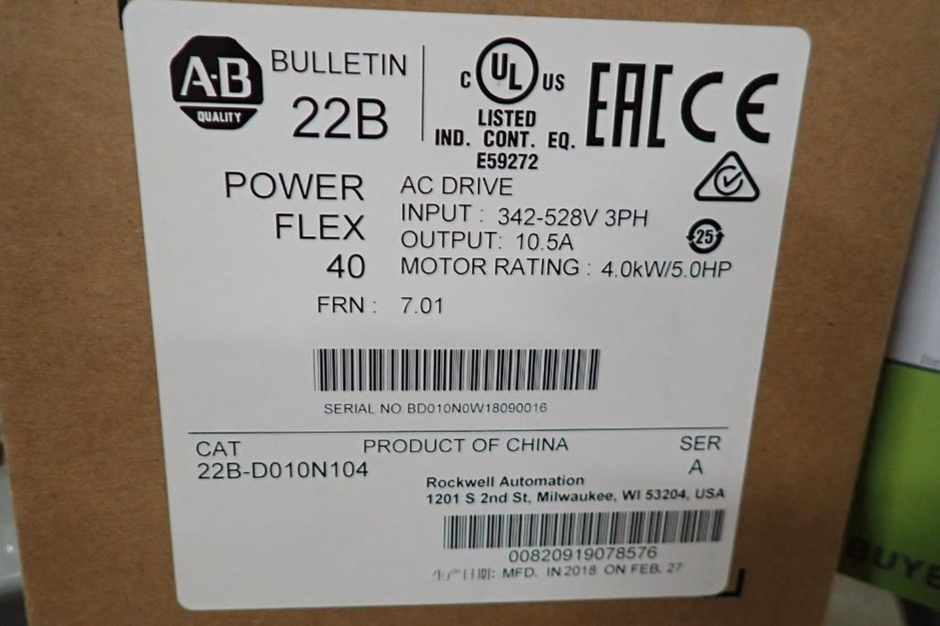 Unused Allen Bradley power flex 40 vfd, 5 hp, 342-528 volt. **Rigging Fee: $10** - Image 4 of 4