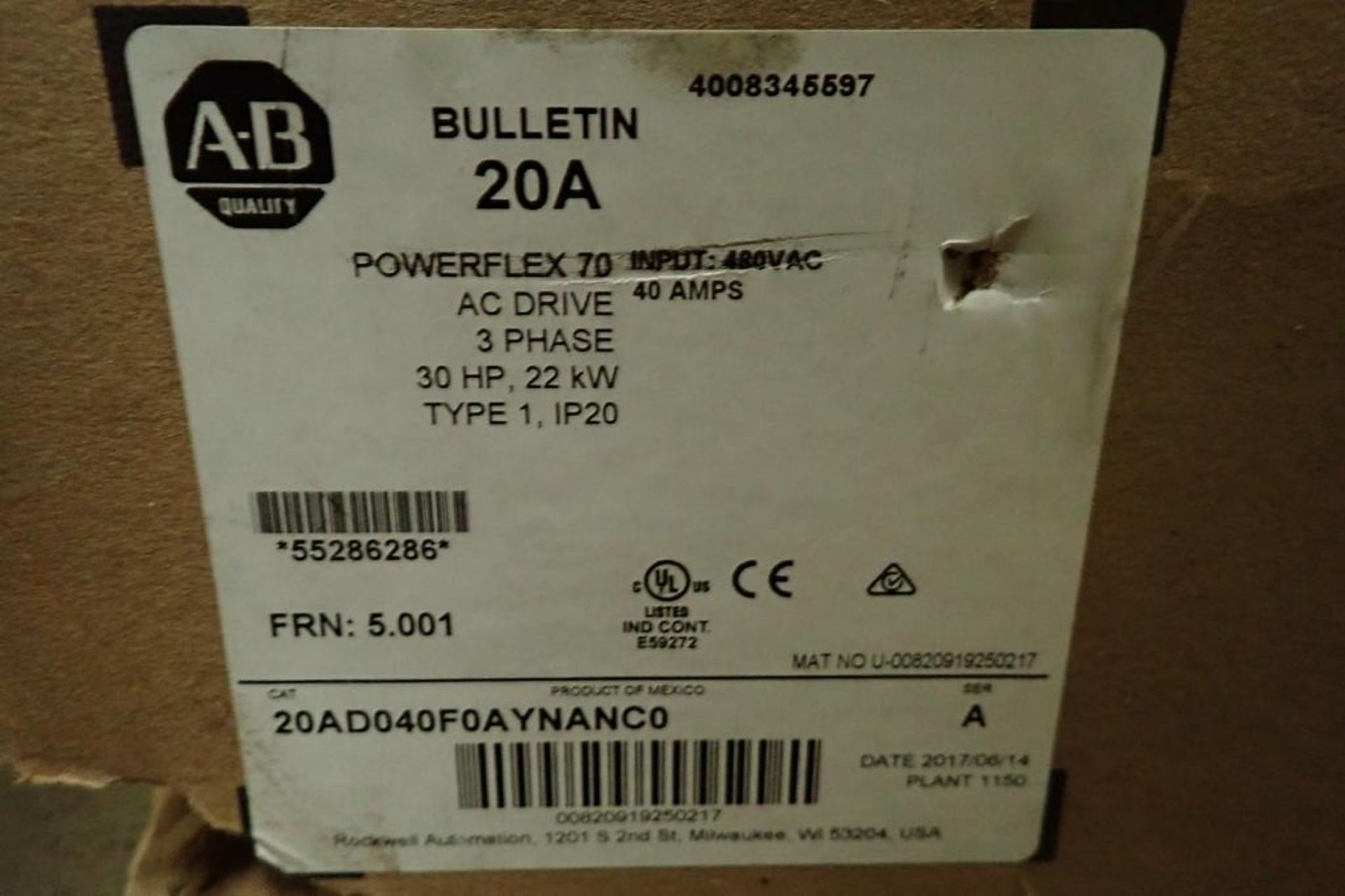 Unused Allen Bradley power flex 70 vfd, 30 hp, 480 volt. **Rigging Fee: $10** - Image 7 of 7