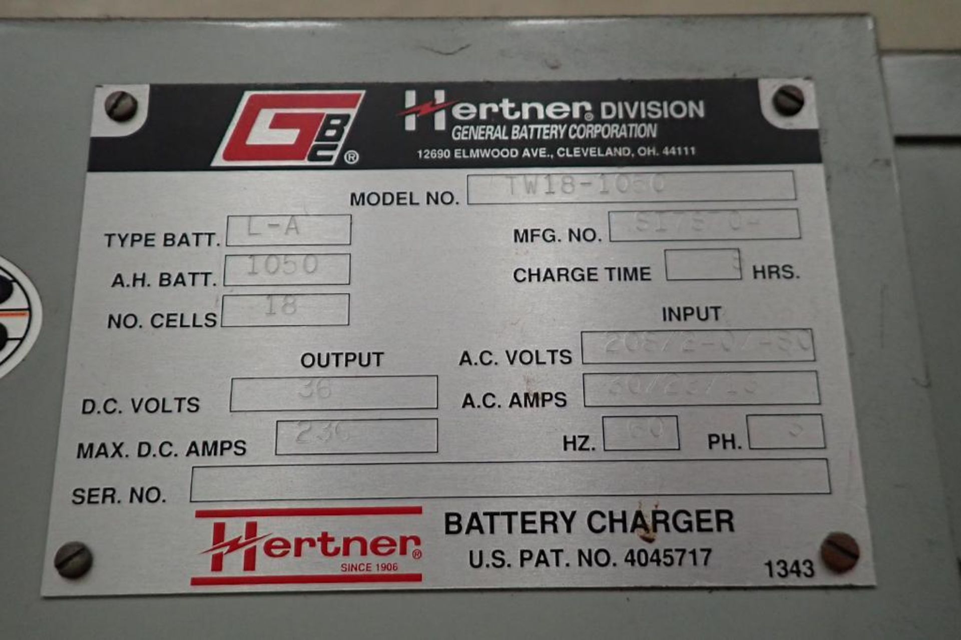 Hertner 36 volt battery charger, Model TW18-1050. **Rigging Fee: $75** - Image 5 of 6