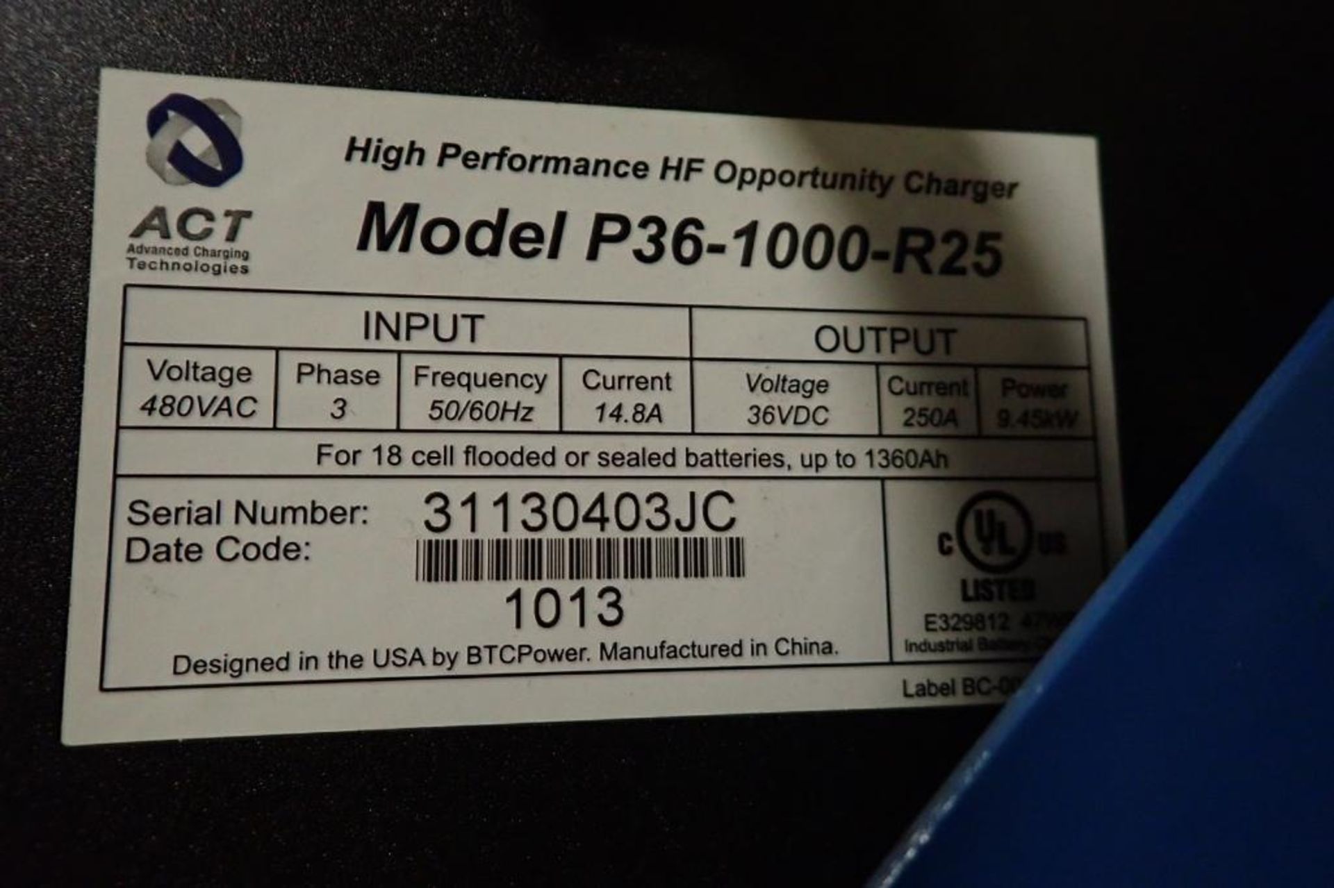 ACT 36 volt battery charger, Model P36-1009-R25, SN 3110403JC, 480V. **Rigging Fee: $75** - Image 5 of 5