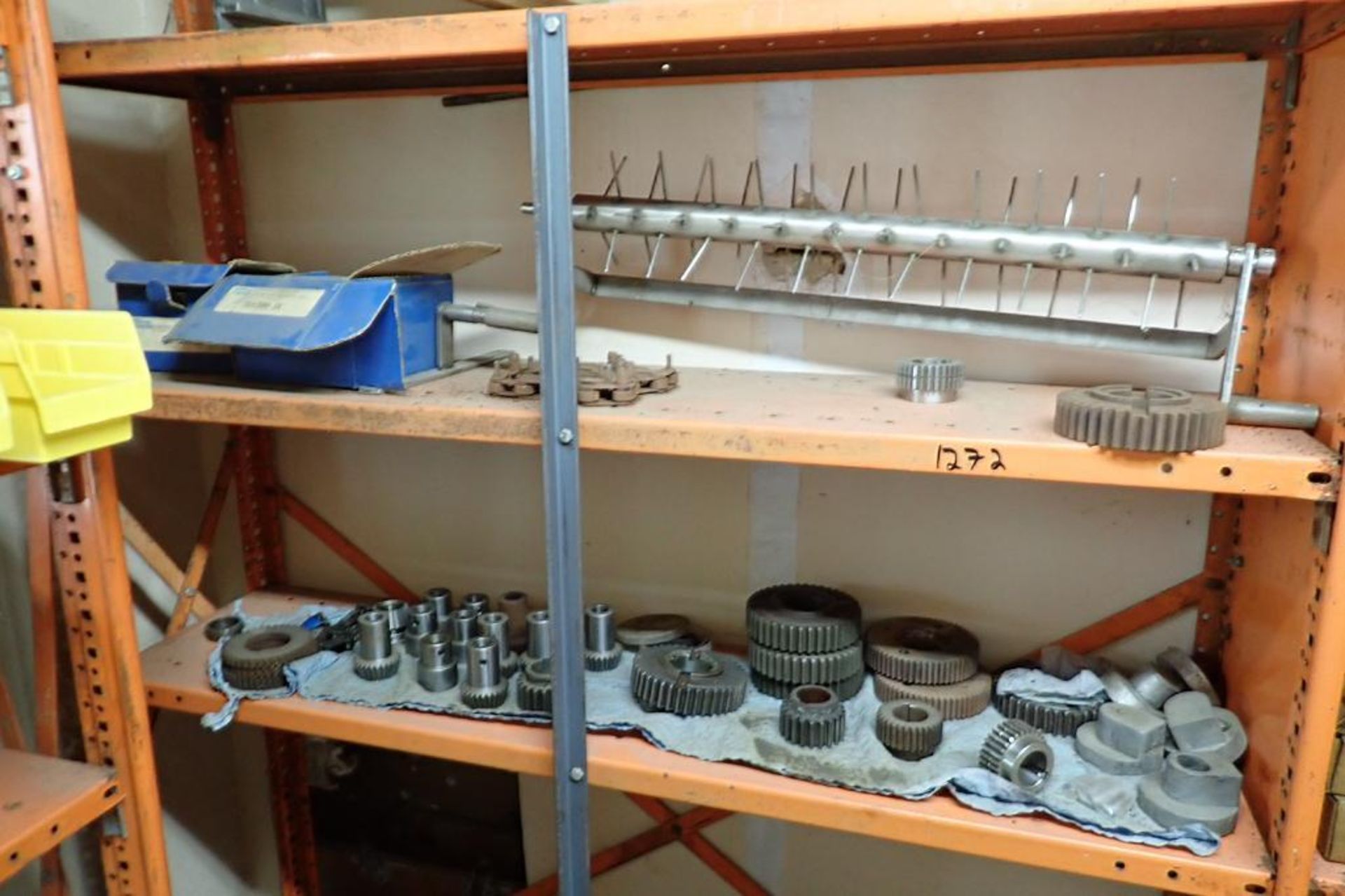 Contents only of 4 sections of shelving of assorted parts, gears, lug chain. **Rigging Fee: $150** - Image 8 of 21