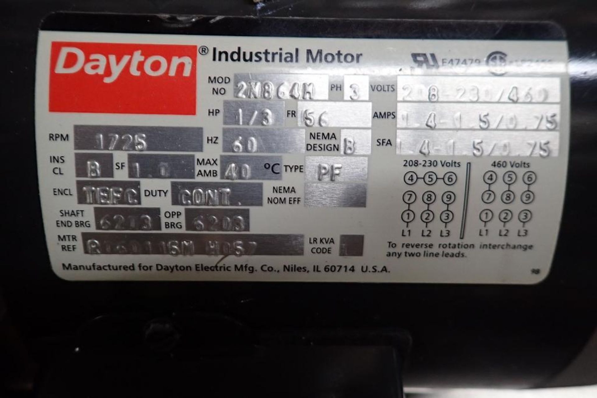 Unused Dayton AC motor, 1/3 hp, 1725 rpm, Frame 56, 208-230/460 volt. **Rigging Fee: $10** - Image 4 of 7