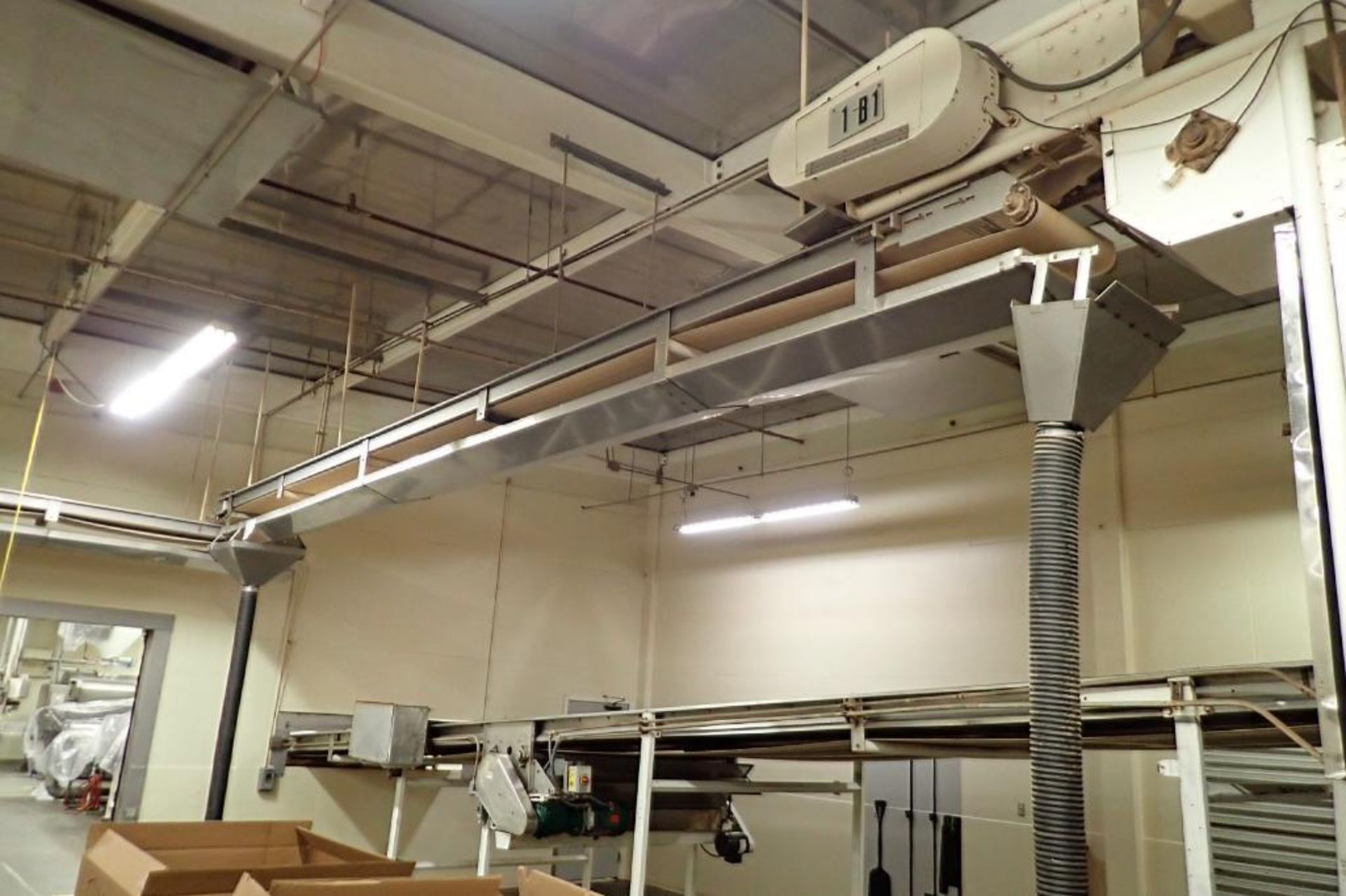 SS belt conveyor, 24 ft. long x 18 in. wide, suspended from ceiling, with motor and drive. **Rigging