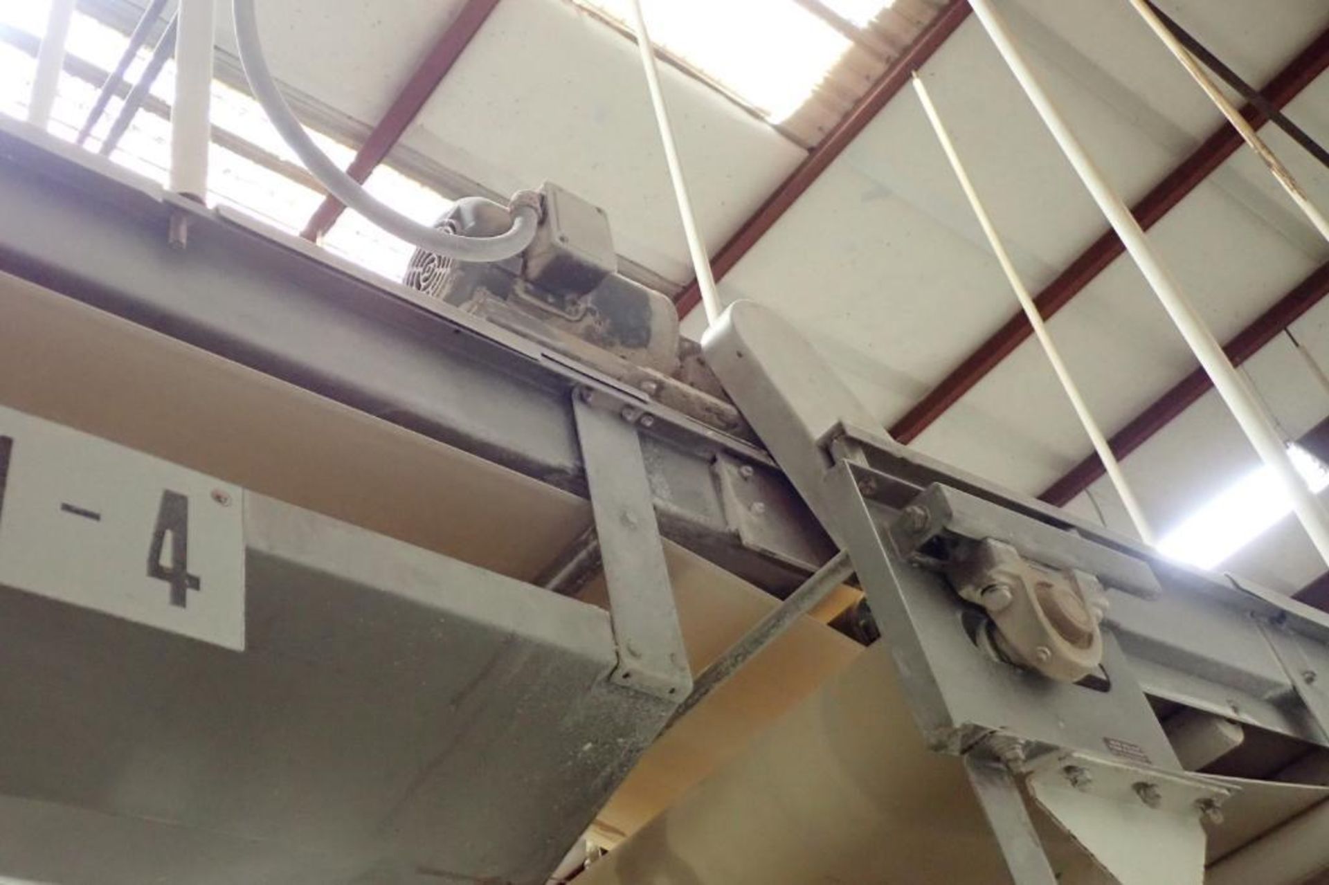 SS belt conveyor, 22 ft. long x 18 in. wide, suspended from ceiling, with motor and drive. **Rigging - Image 4 of 6