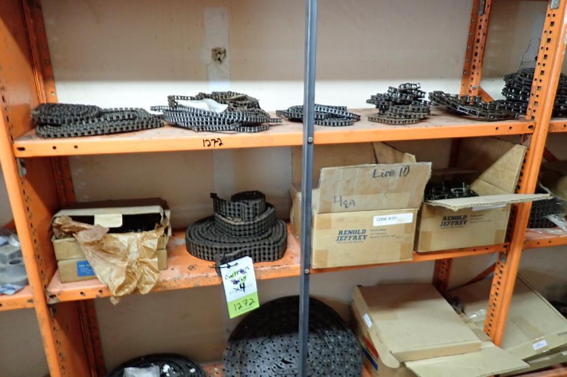 Contents only of 4 sections of shelving of assorted parts, gears, lug chain. **Rigging Fee: $150** - Image 15 of 21