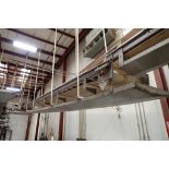 SS belt conveyor, 36 ft. long x 24 in. wide, suspended from ceiling, with motor and drive. **Rigging