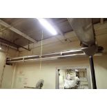 SS belt conveyor, 26 ft. long x 18 in. wide, suspended from ceiling, with motor and drive. **Rigging