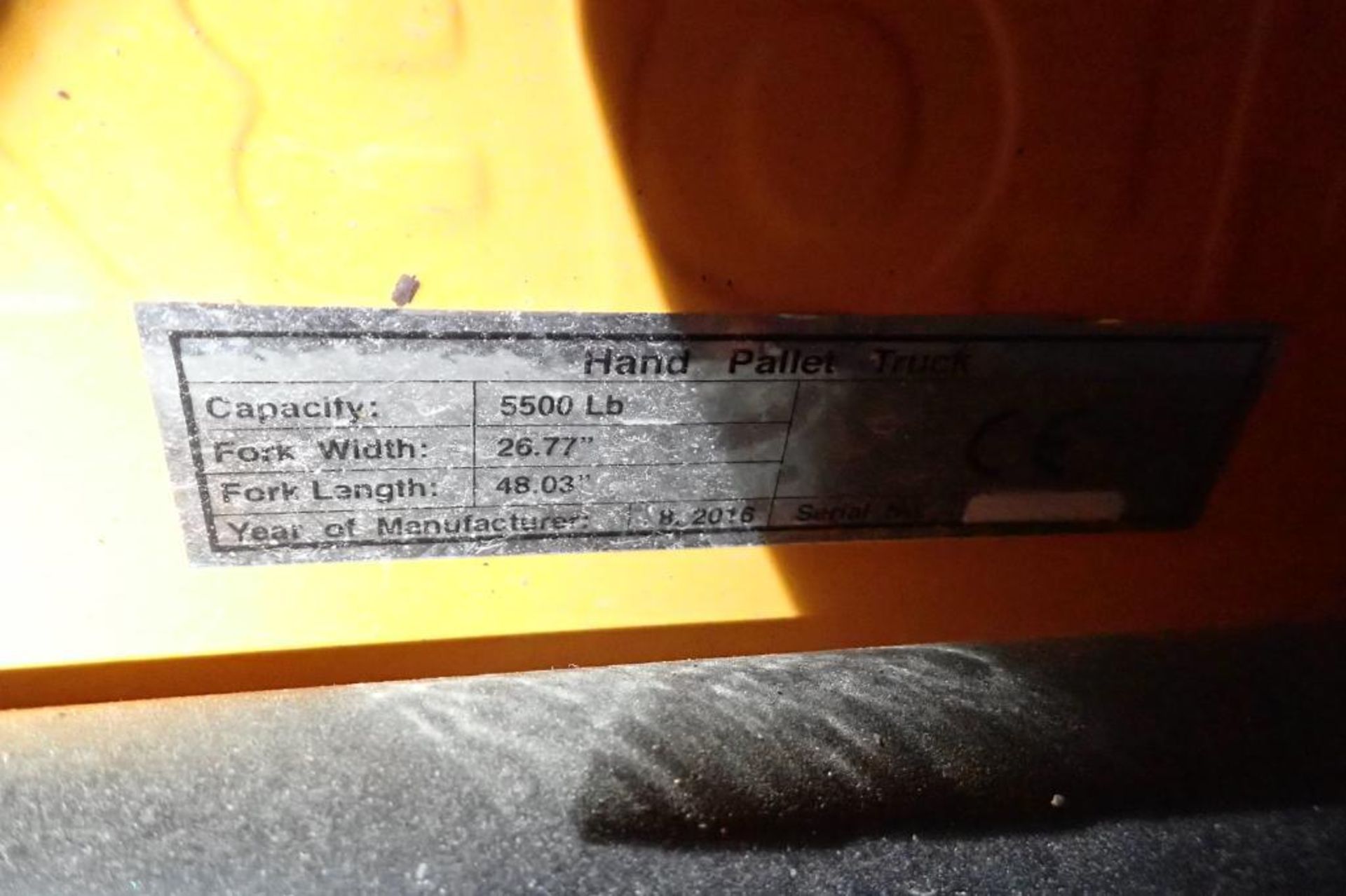 Global Industrial pallet jack, 5500 lb capacity, yellow. **Rigging Fee: $10** - Image 4 of 4