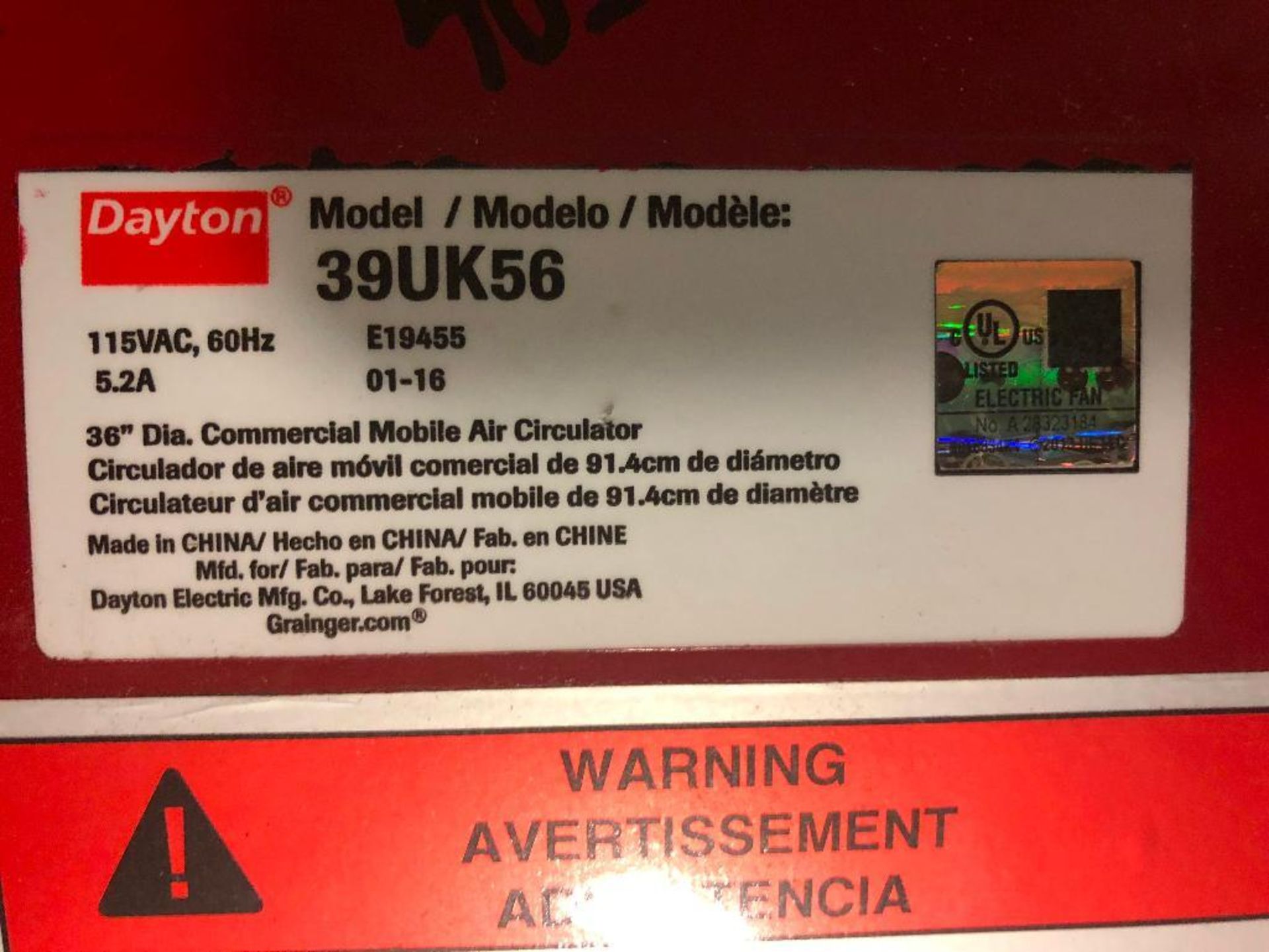 Dayton 36 in. floor fan, model 39K56. **Rigging Fee: $10** - Image 2 of 2