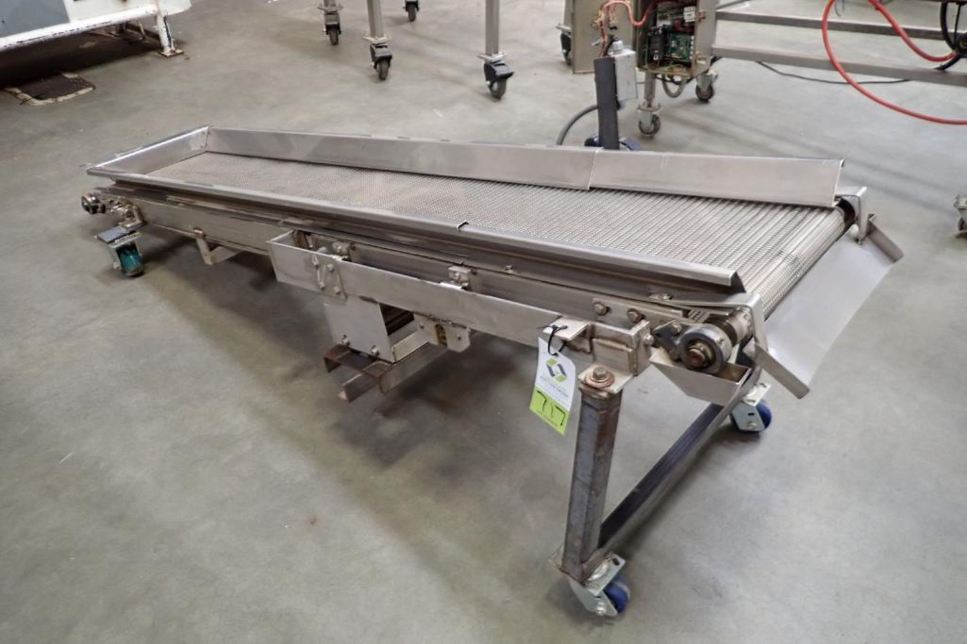 SS chain belt conveyor for scalping, 84 in. long x 15 in. wide, 32 in. discharge height, on wheels.