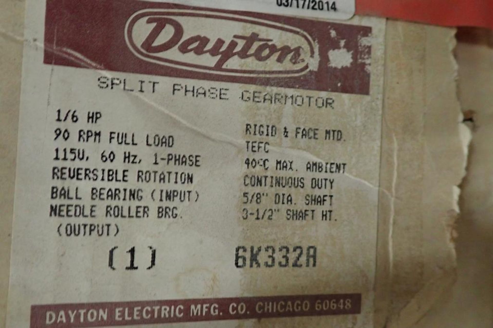 Unused Dayton split phase AC motor, 1/16 hp, 90 rpm, torque 100 in. lbs., ratio 19.1:1, 115 volt. ** - Image 4 of 5