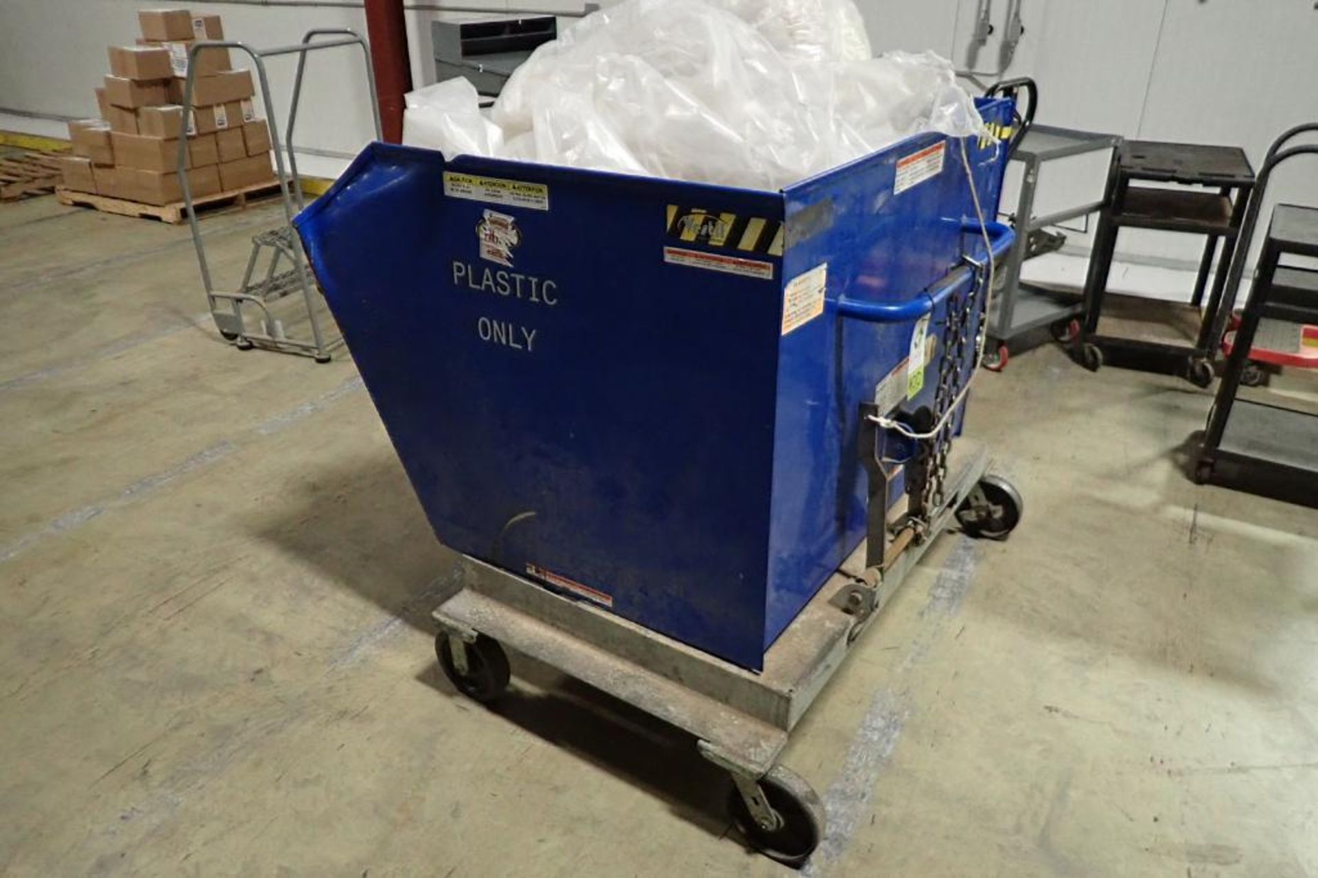 Vestil mild steel trash bin on wheels, Model P-HOP-1.5, 48 in. x 46 in. x 40 in. deep, 2000 lbs. cap