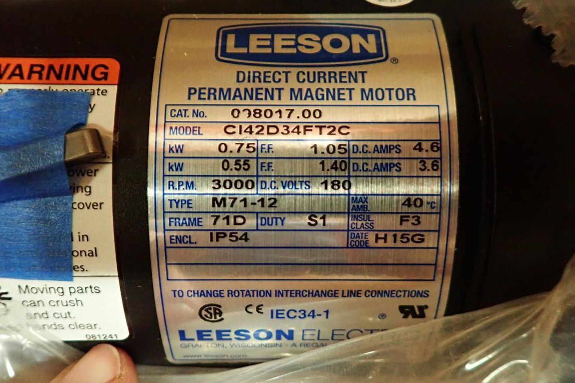 Unused Leeson DC motor, 1 hp, 3000 rpm, Frame 71D, 180 volt. **Rigging Fee: $10** - Image 3 of 6
