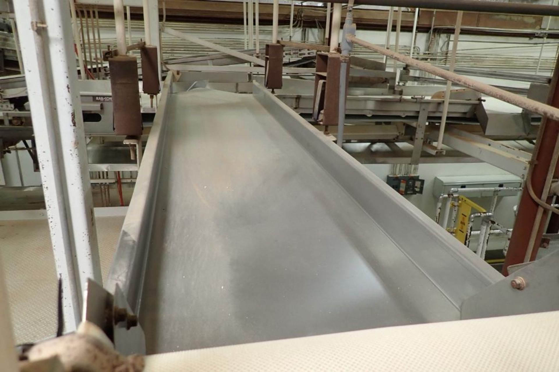 Mild steel vibratory conveyor, SS trough, 10 ft. long x 24 in. wide, suspended from ceiling. **Riggi - Image 2 of 6
