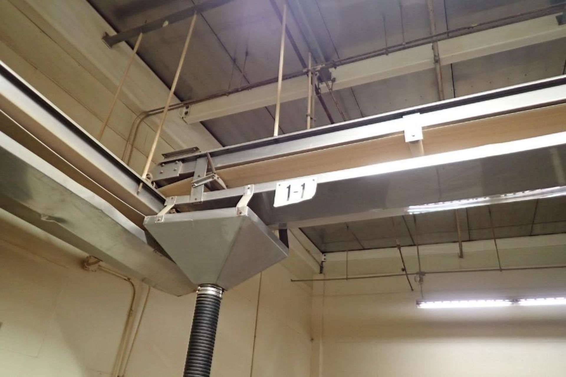 SS belt conveyor, 24 ft. long x 18 in. wide, suspended from ceiling, with motor and drive. **Rigging - Image 3 of 4