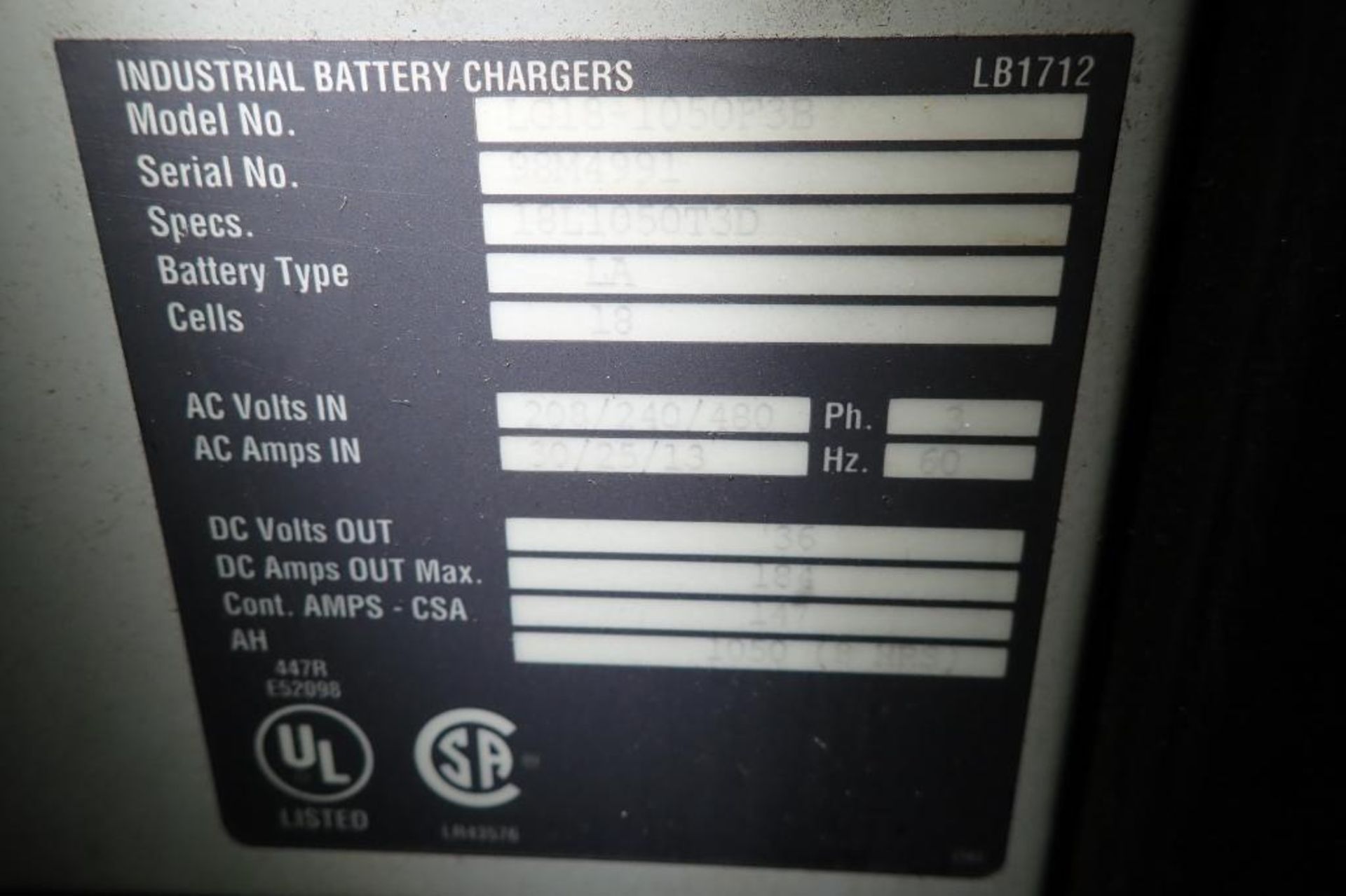 Hawker 36 volt battery charger, 18 cells, 208/240/480V. **Rigging Fee: $75** - Image 4 of 5