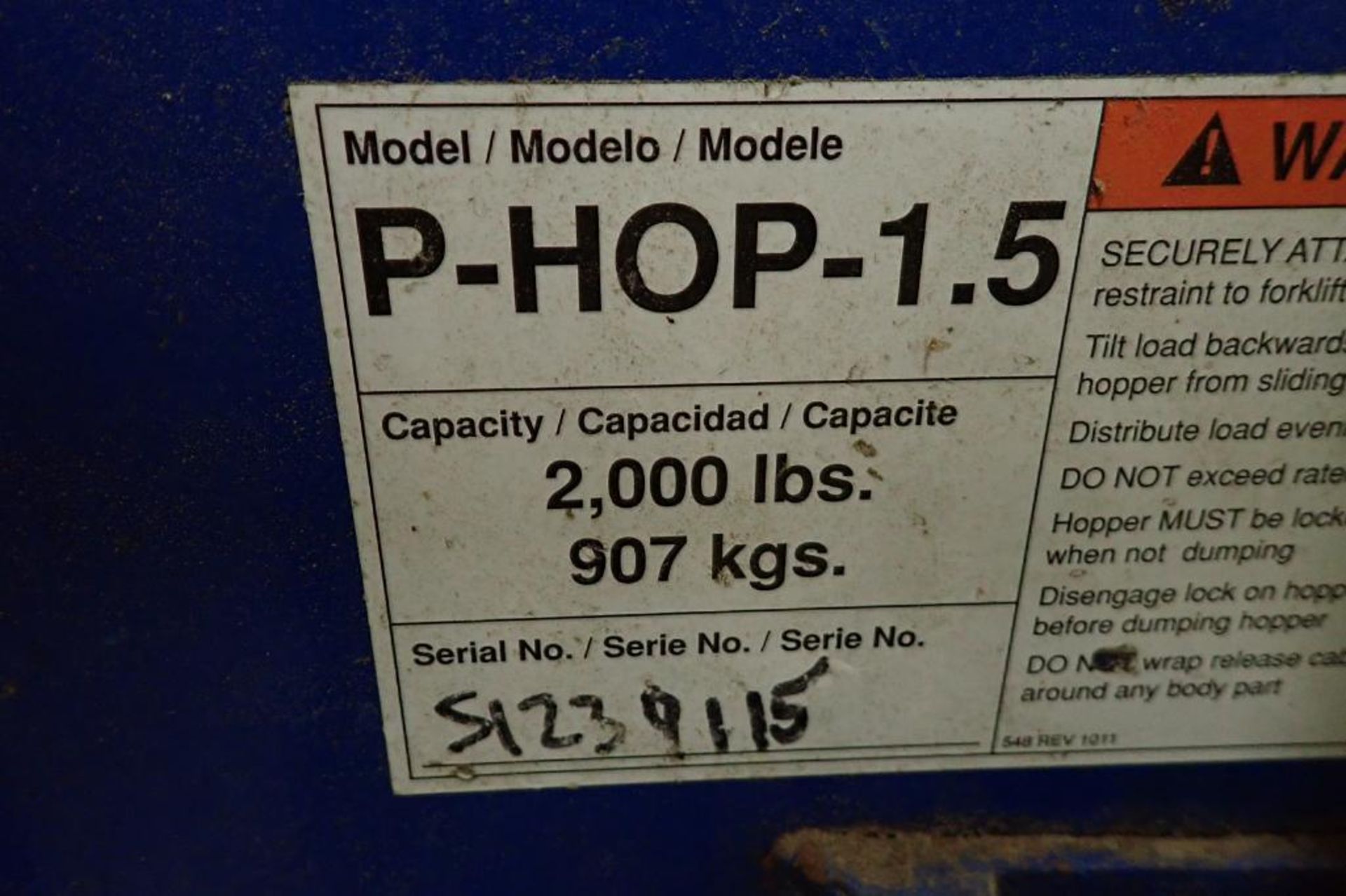 Vestil mild steel trash bin on wheels, Model P-HOP-1.5, 48 in. x 46 in. x 40 in. deep, 2000 lbs. cap - Image 5 of 5
