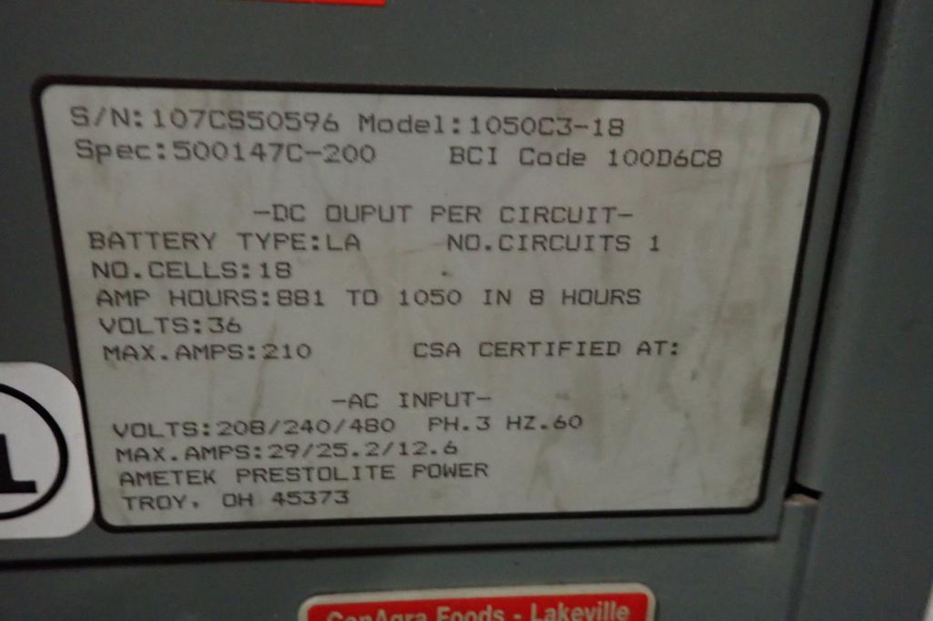 Accu-Charger 36 volt battery charger 596-4, Model 1050C3-18, SN 107CS50596, 18 cells, 208/240/480V, - Image 3 of 4