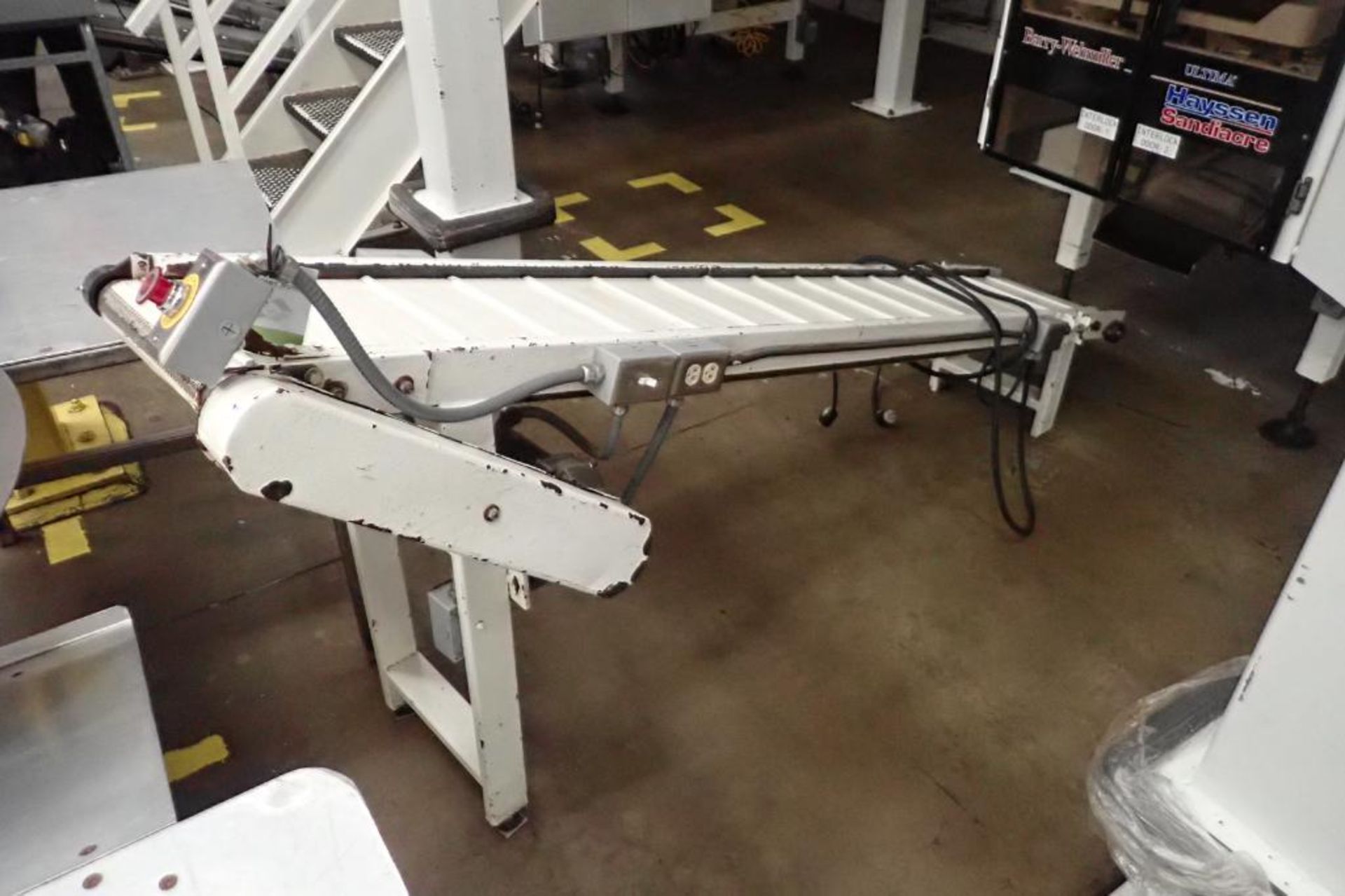 Incline rubber belt conveyor, cleated, 102 in. long x 12 in. wide, 48 in. discharge, mild steel fram