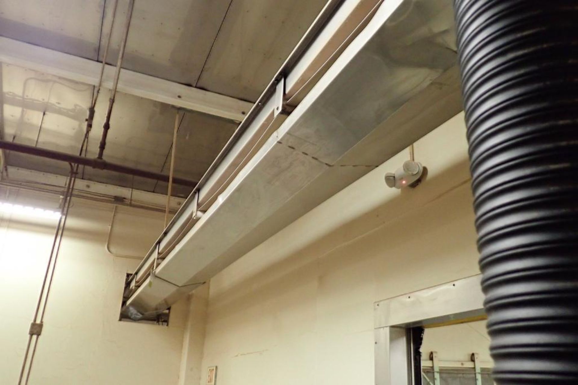 SS belt conveyor, 26 ft. long x 18 in. wide, suspended from ceiling, with motor and drive. **Rigging - Image 3 of 6