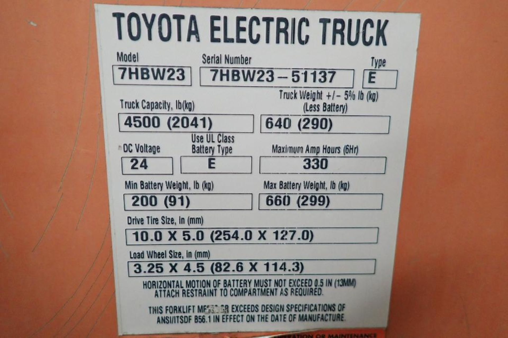 Toyota 24 volt electric pallet jack, Model 7HBW23, SN 7HBW23-51137, 4,500 lb. capacity, condition un - Image 7 of 7