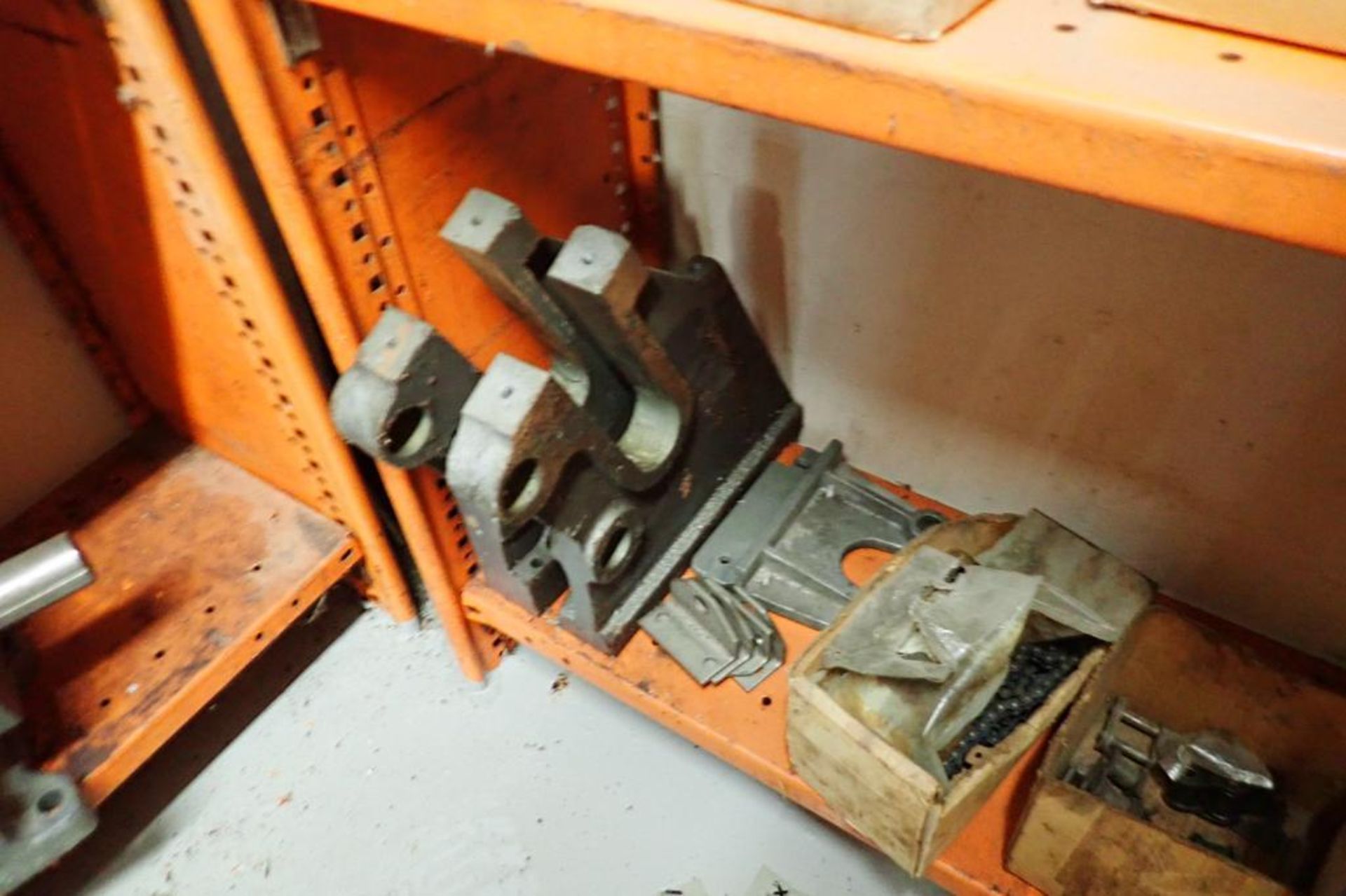 Contents only of 4 sections of shelving of assorted parts, gears, lug chain. **Rigging Fee: $150** - Image 3 of 21