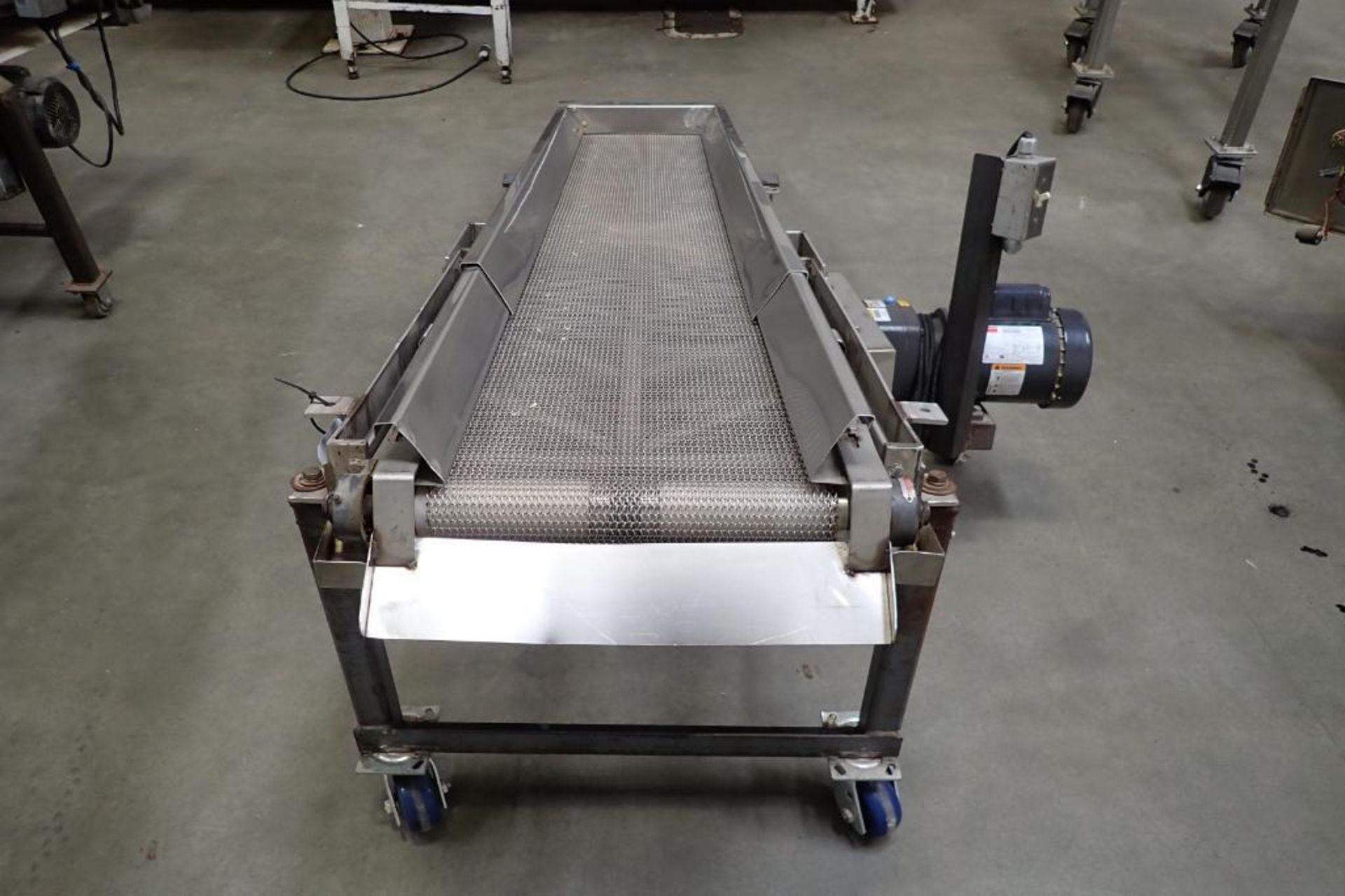 SS chain belt conveyor for scalping, 84 in. long x 15 in. wide, 32 in. discharge height, on wheels. - Image 2 of 8