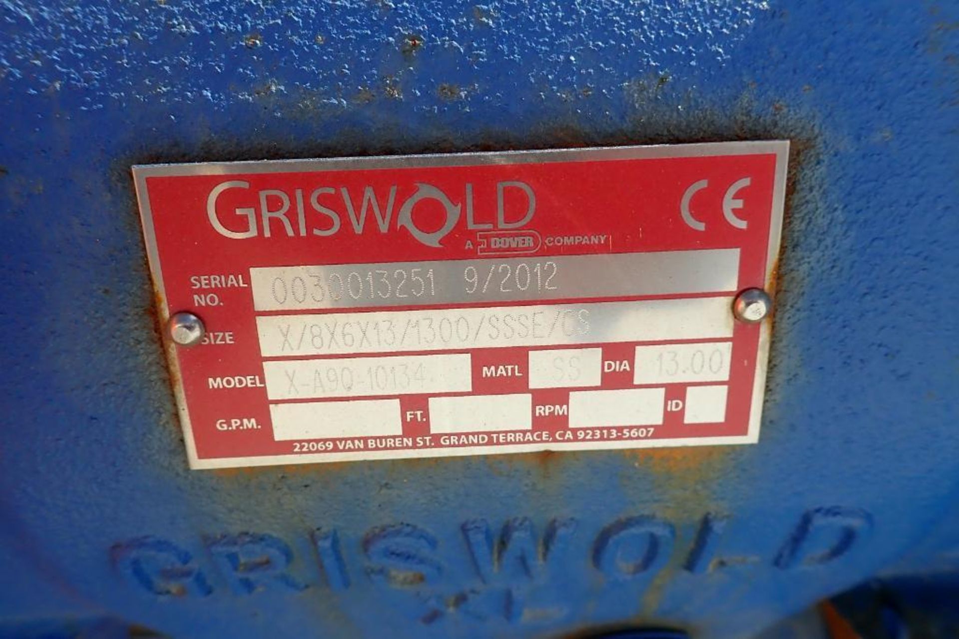 Griswold SS centrifugal water pump, Model X-A90-10134, Size: 8X/8x6x13/1300/SSSE/CS, 8 in. inlet x 6 - Image 8 of 8