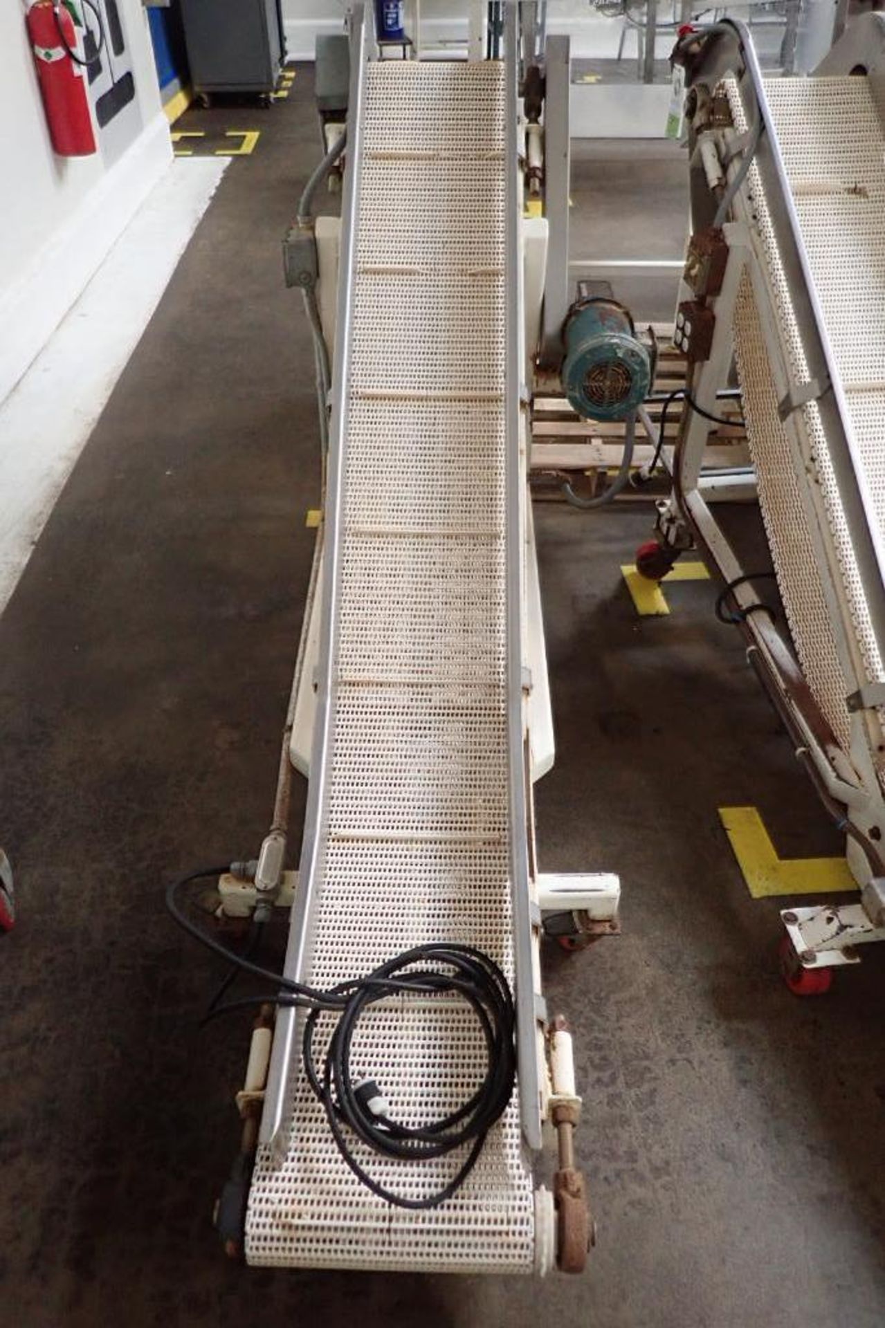 Mild Steel white cleated interlock belt conveyor, 8 ft. long x 12 in. wide, 42 in. discharge, on cas - Image 2 of 5