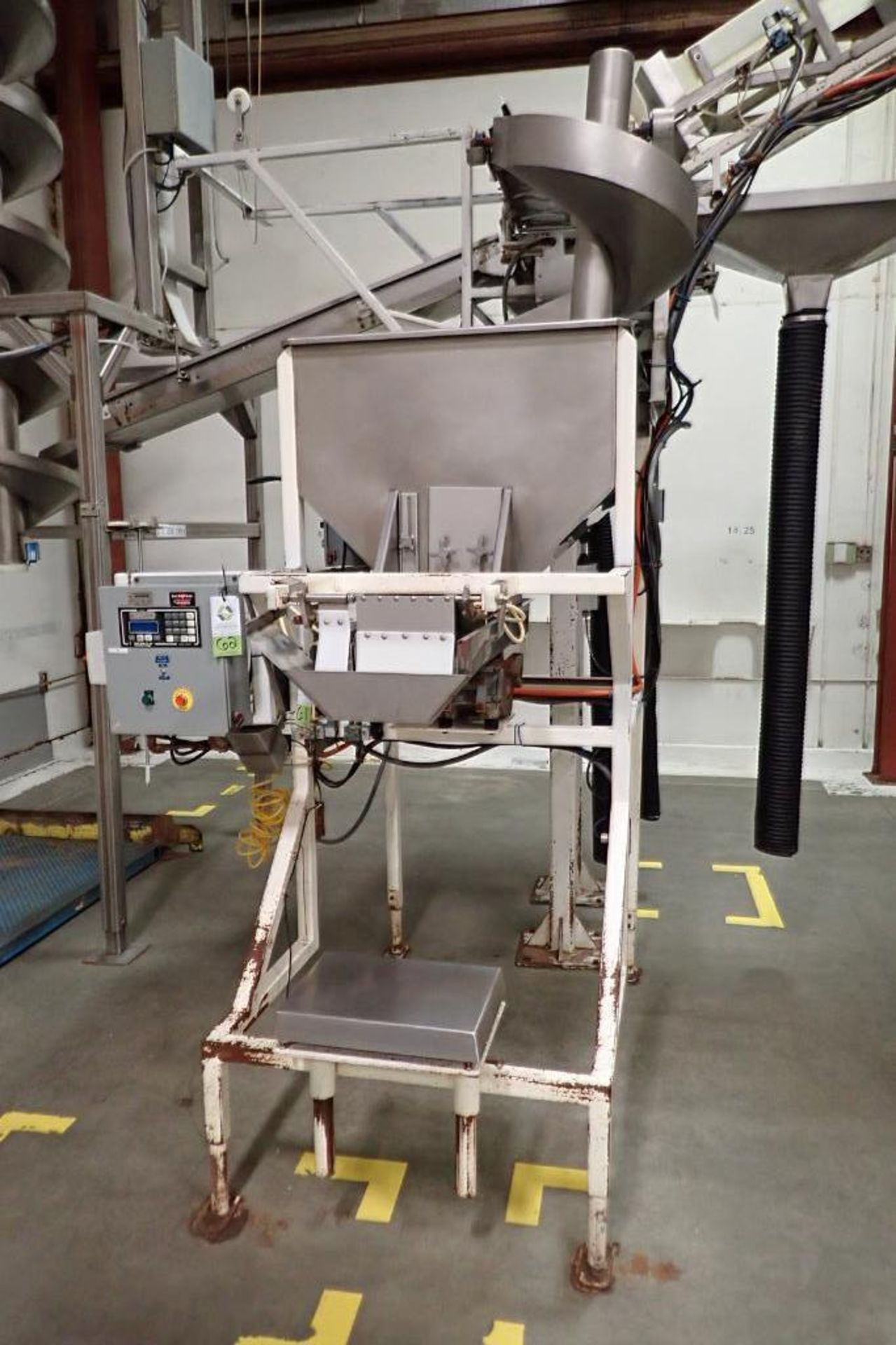 Allen SS hopper vibratory feeder system, mild steel frame, for filling bag in box. **Rigging Fee: $4