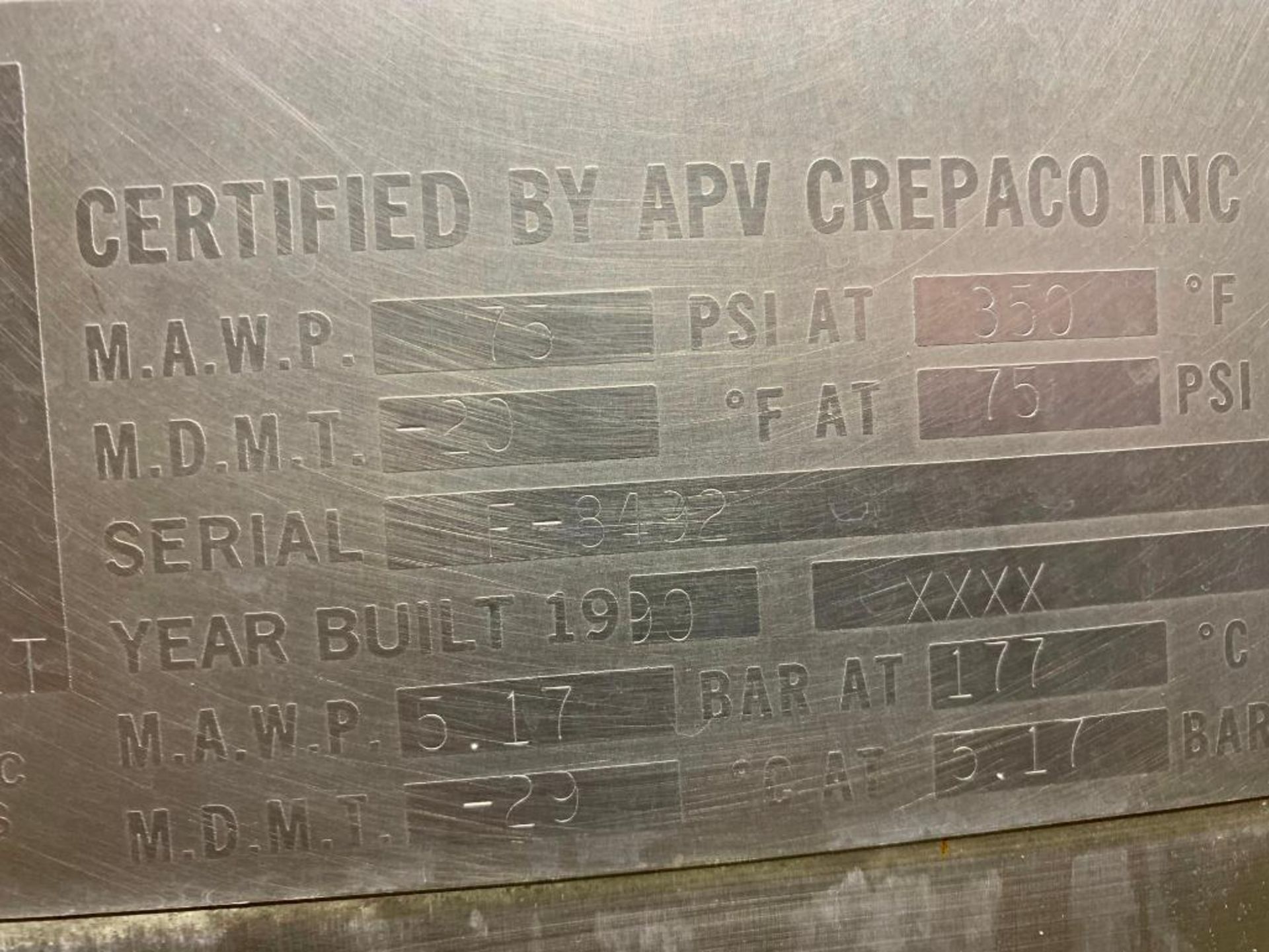 1990 Crepaco 1000 Gal. SS jacketed tank. (Located in Faison, NC) - Image 7 of 36